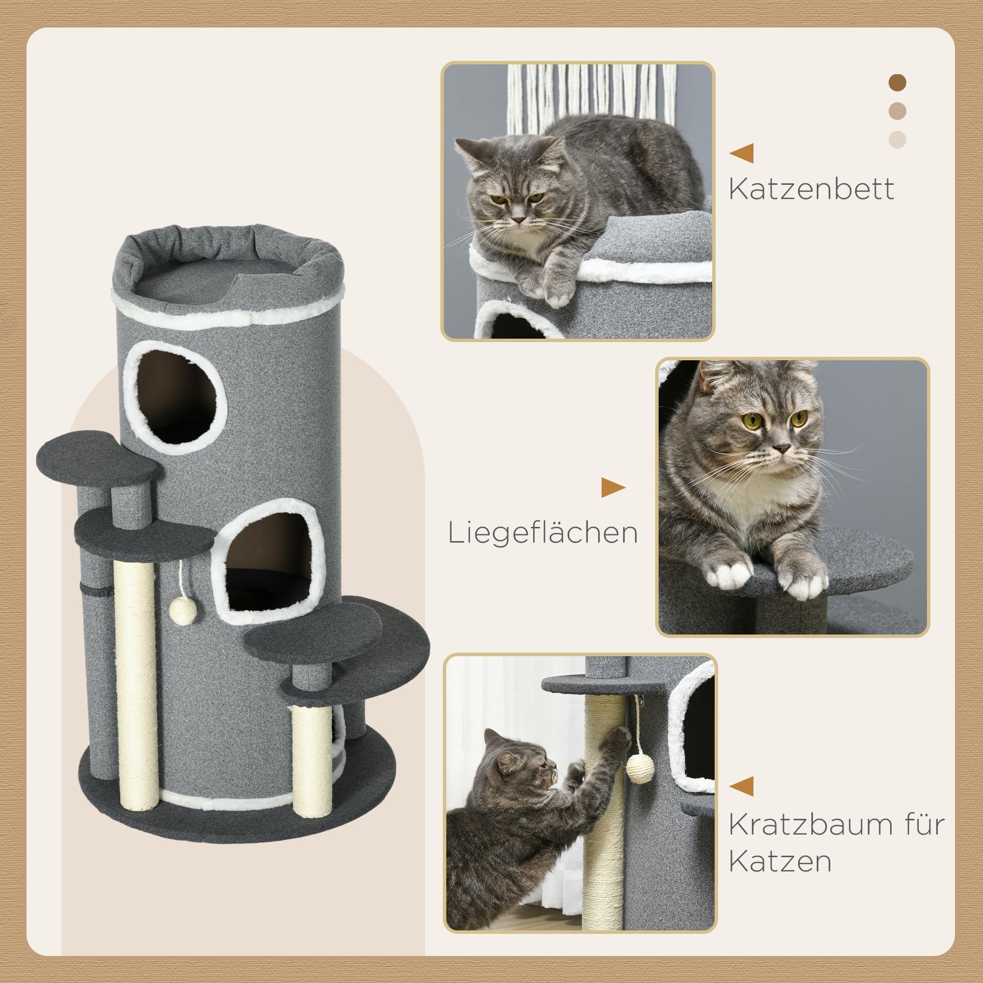 PawHut Kratzbaum 99 cm Katzenturm mit 3 Höhle, Spielball, Sisalstämme, Plattform, mehrstöckiger Katzenkratzbaum, Kletterbaum, für mittelgroße Katzen, Grau