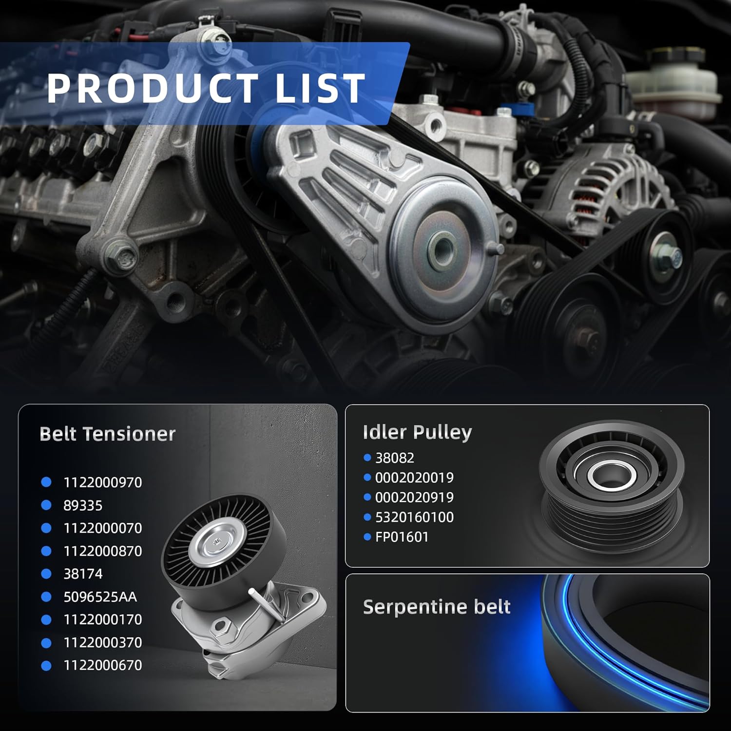 Belt Tensioner Serpentine Belt Idler Pulley Kit Fit for Chrysler Crossfire, for Mercedes-Benz C/CL/CLK/E/G/ML/S/SL/SLK, 2.6/2.8/3.2/4.3/5.0L, 1998-2007, 38174, 38082, 5096525AA, 5320160100