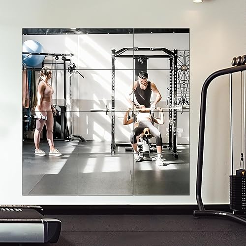 Home Gym Mirror Tiles, Large Workout Mirrors for Home Gym,Square Mirror(Glass,16x12''-12PCS), Large Full Body Mirror for Gym, Wall Mirror for Garage, Bedroom, Bathroom (Glass - 16''x12'' - 12PCS)
