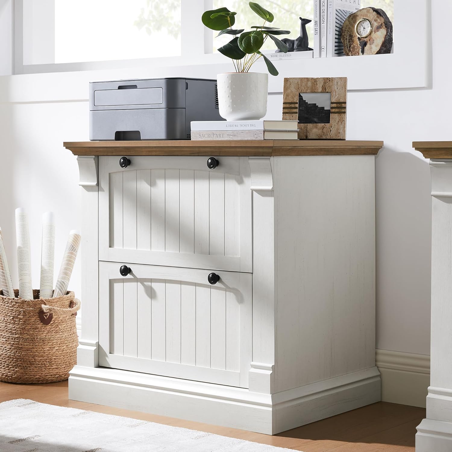 OKD Farmhouse File Cabinet with 2 Drawers, 30″ Lateral Filing Cabinet with Hanging File Folders, Interlocking Drawers, Wood Rustic Storage Cabinet for Home Office, Living Room, Antique White