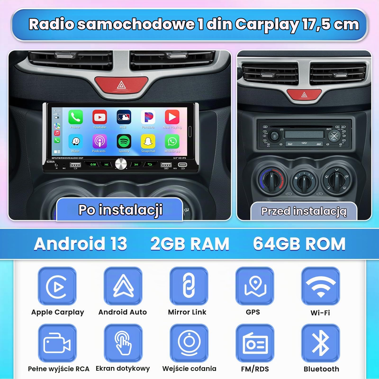 Hikity 2+64G Dab/Dab+ Radio samochodowe 1Din z bezprzewodowym Carplay Android Auto, Android 13 6,9-calowy ekran dotykowy Din 1 Radio z GPS WiFi Bluetooth Mirror Link FM AUX TF USB SWC Kamera cofania