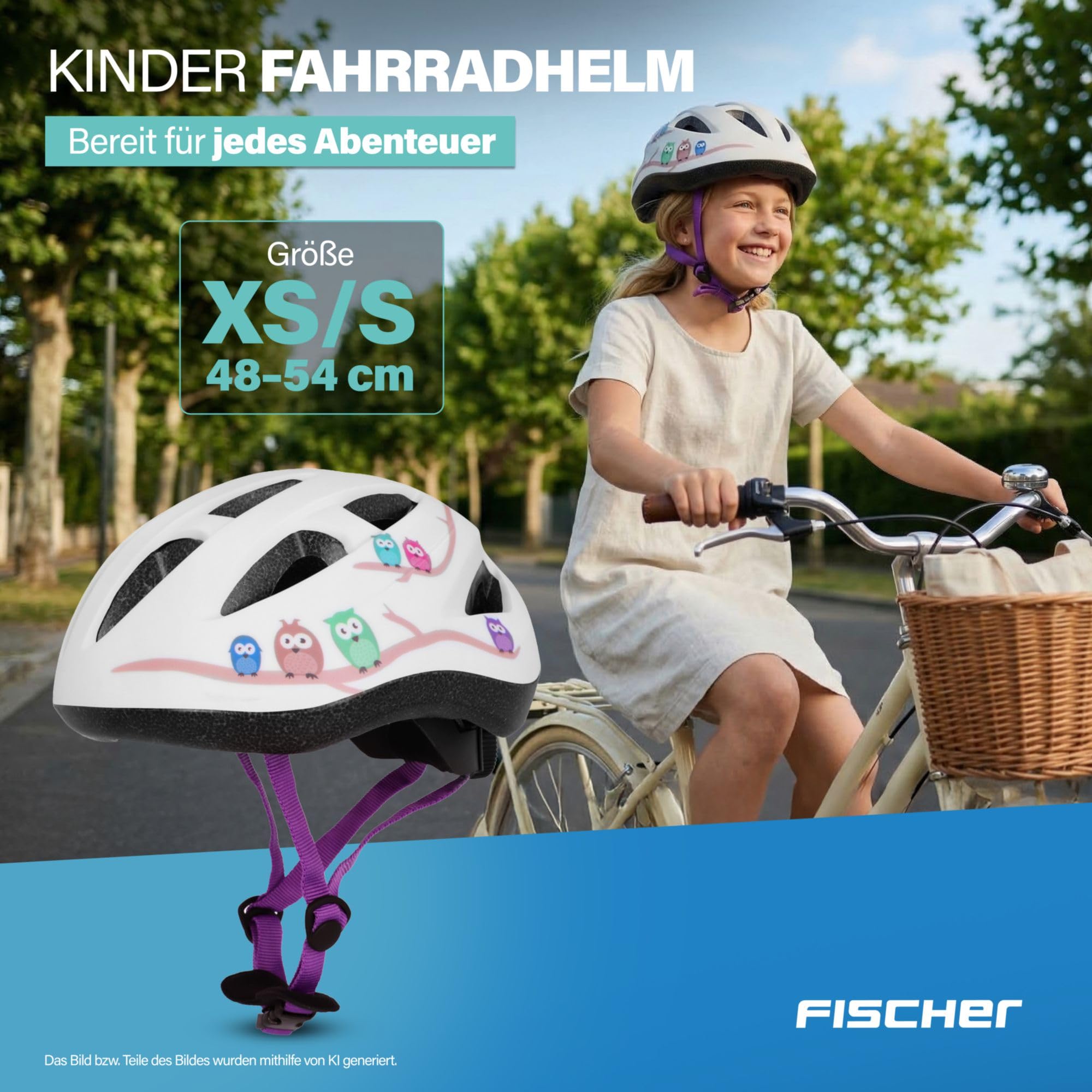 FISCHER Kinderhelm, Fahrradhelm, Jugendhelm Eule, XS/S, 48-54cm, weiß, hochfeste EPS-Schale, TÜV-Zertifiziert – Ansicht 2