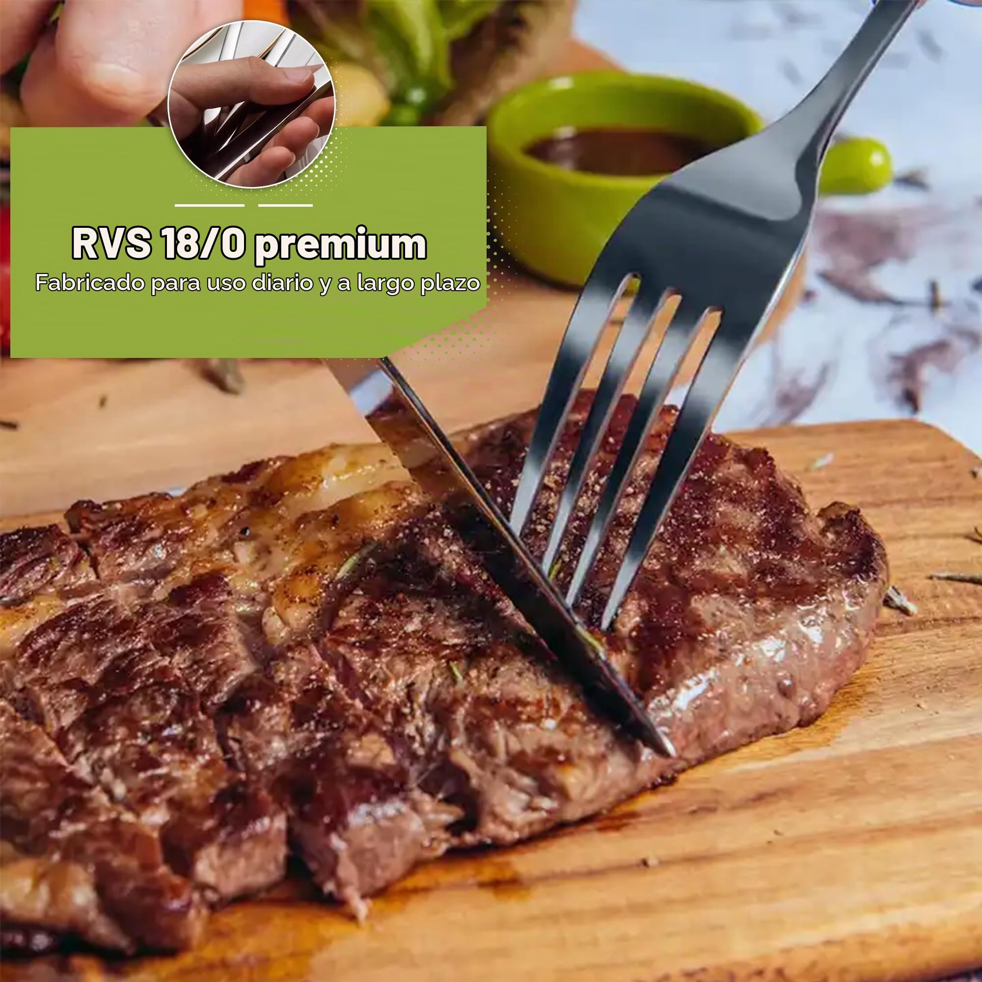 HI NATURE™ Juego de cubertería para 6 personas, 36 piezas, con cuchillo de carne, acero inoxidable 18/0, acabado brillante, incluye cuchillo, tenedor, cuchara y tenedor para tartas, apto para