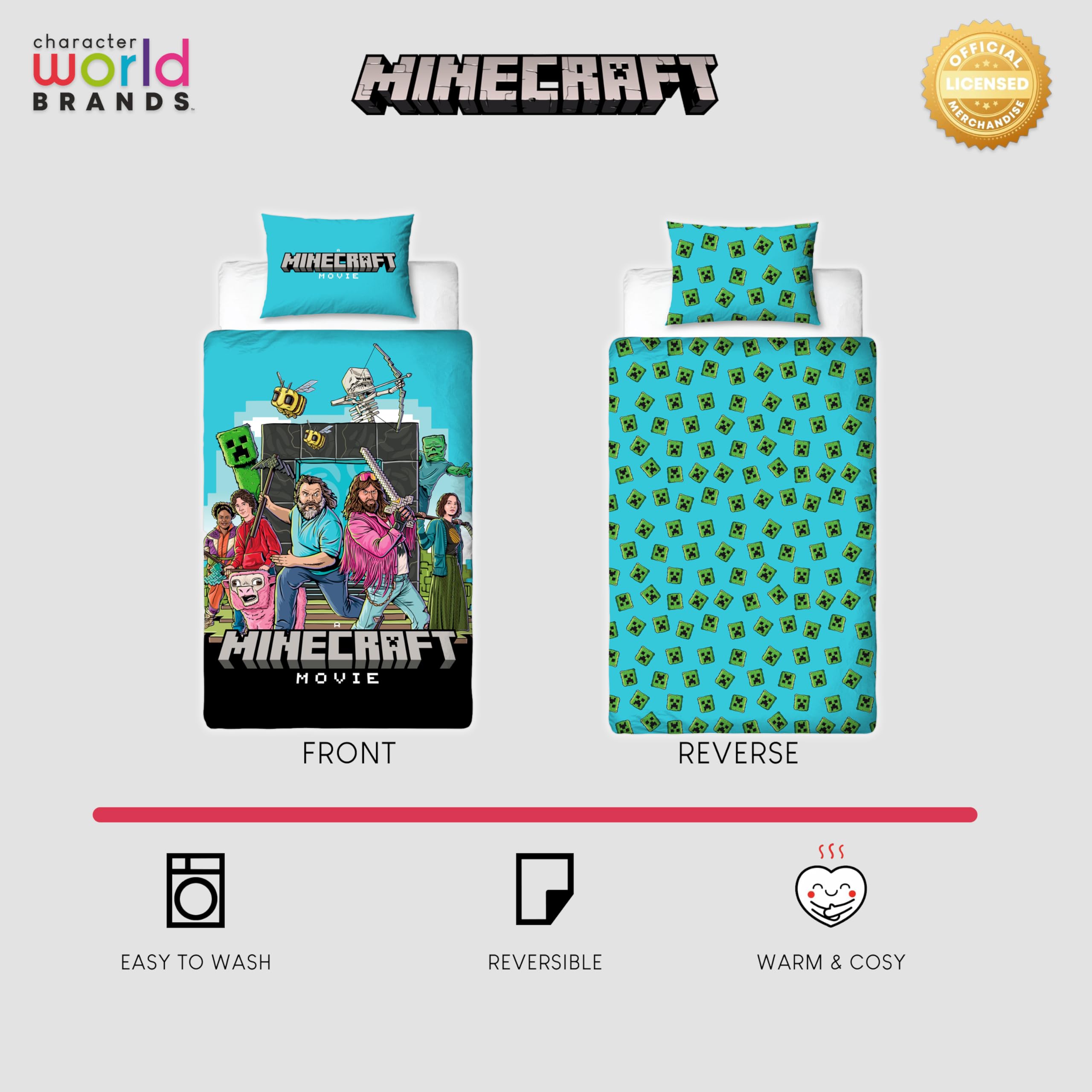 Cadeau Voor Minecraft Fan Officiële Minecraft Eenpersoons Dekbedovertrek Set – Met Bijpassende Kussensloop Omkeerbaar Block Check Design