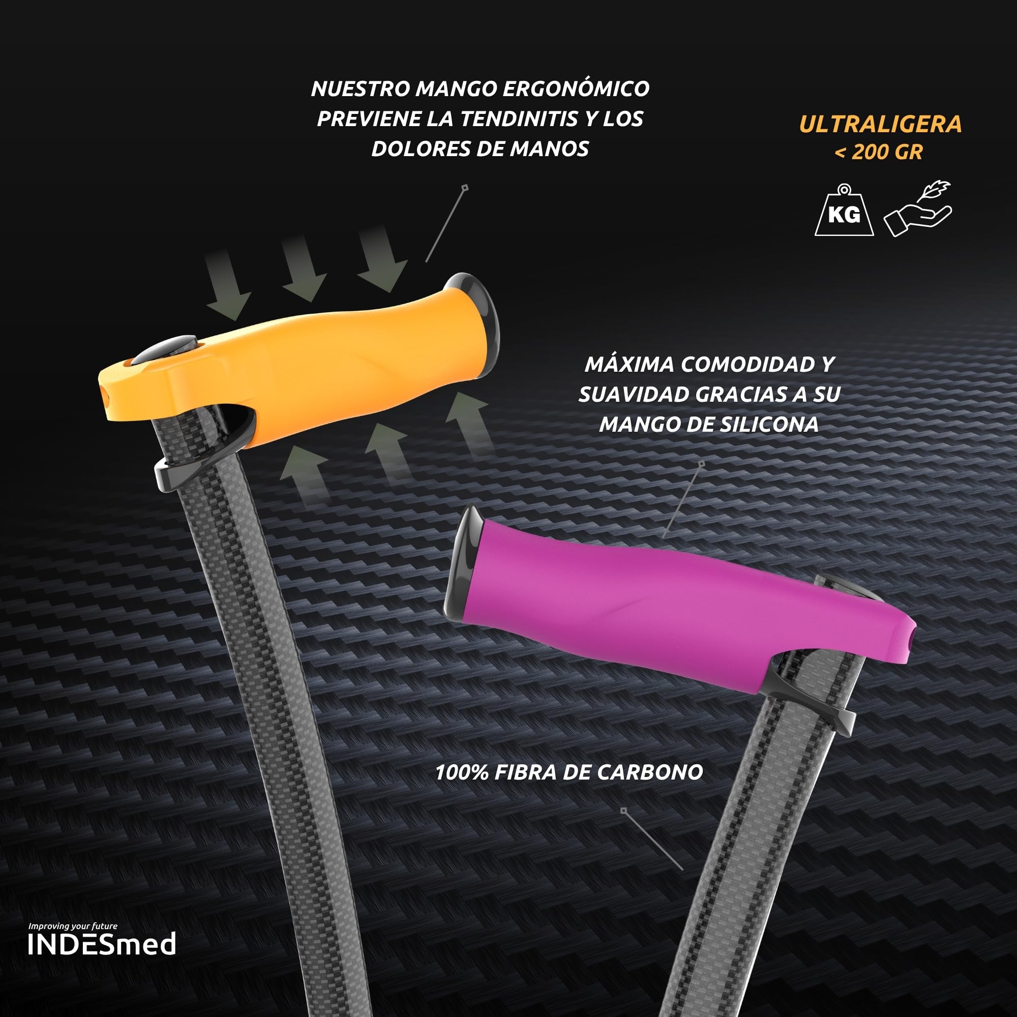 Bastón para Personas Mayores de Fibra de Carbono INDESmed | Ultra-Ligero, Ajustable, Ergonómico y Resistente | Ayuda para Caminar con Mango Antitendinitis | Cómodo y Seguro (Negro, L (175-185cm))