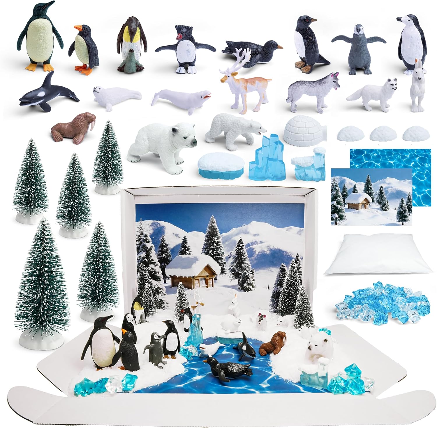 33 PCS Arctic Animals Figurines Set, Winter Animals Toy Figures With Display Box, Diorama Project Supplies Include Polar Bear, Penguin, Trees, Igloo, Fake Snow, Ice Rocks, Backdrop for Kids School DIY