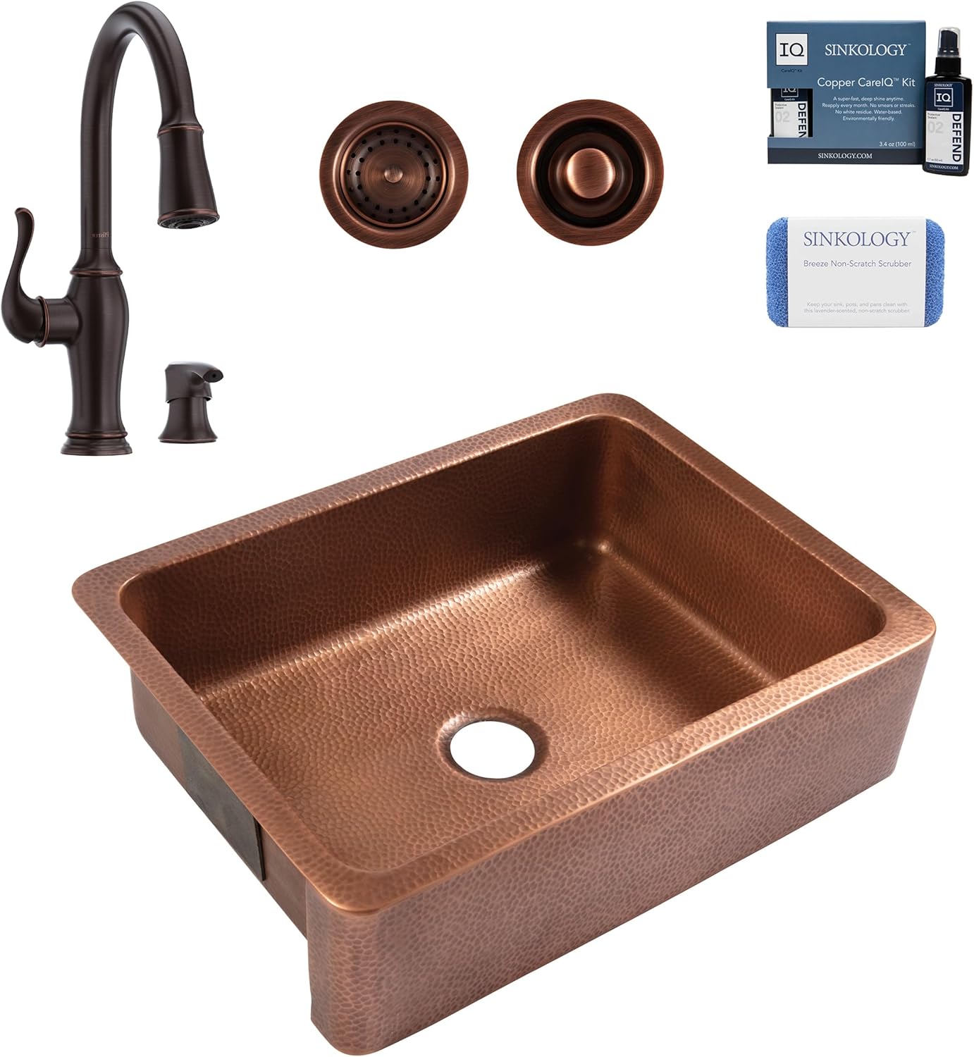 Lange Copper 30" Farmhouse Apron Front Undermount Single Bowl Kitchen Sink with Maren Bronze Faucet Kit