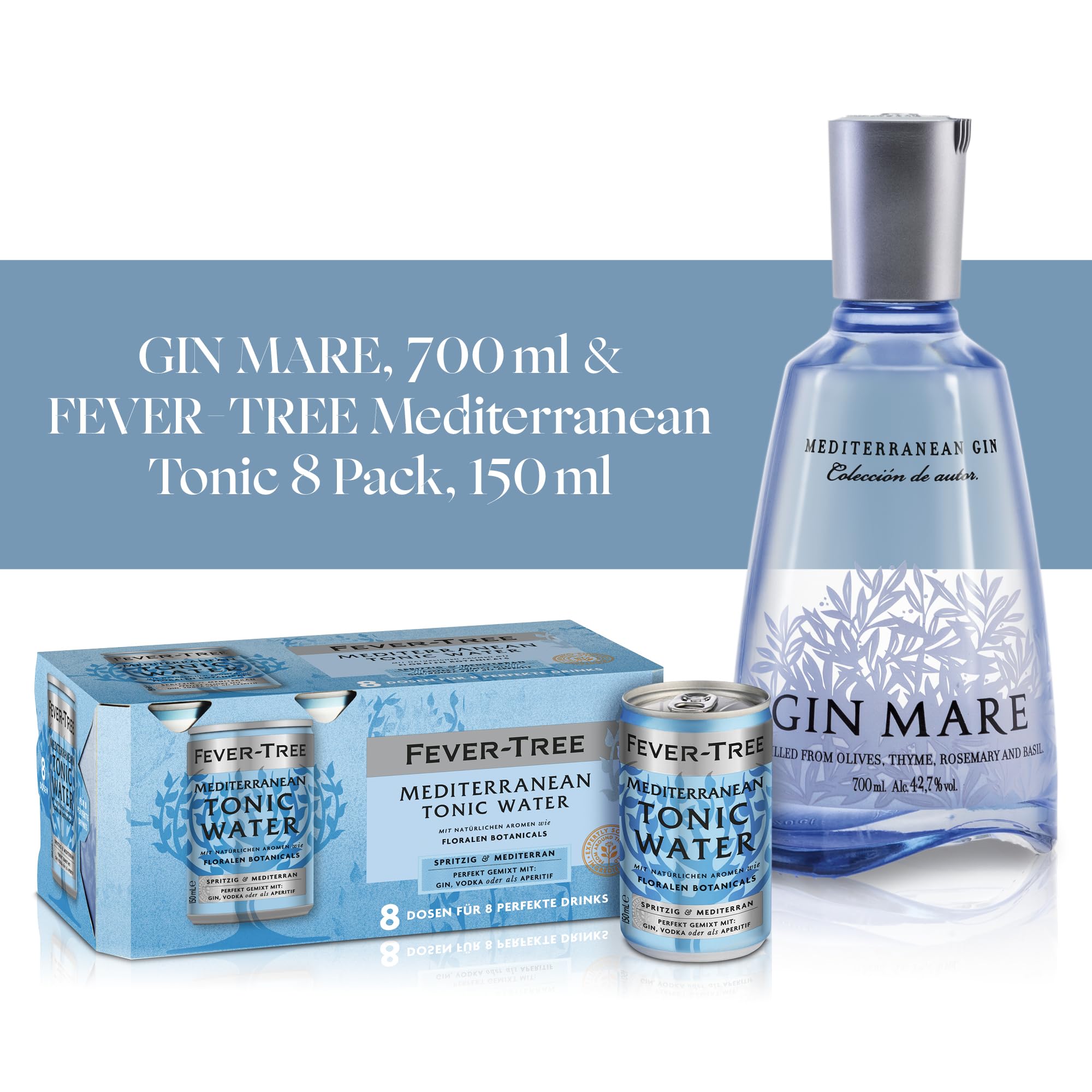 Gin Mare und FEVER-TREE Mediterranean Tonic Water - Cocktail Set - 1x 0.7L Premium Gin mit 8-Pack 150 ml Tonic Water - Das Premium Gin und Tonic Set, für einen Cocktail mit mediterranem Twist