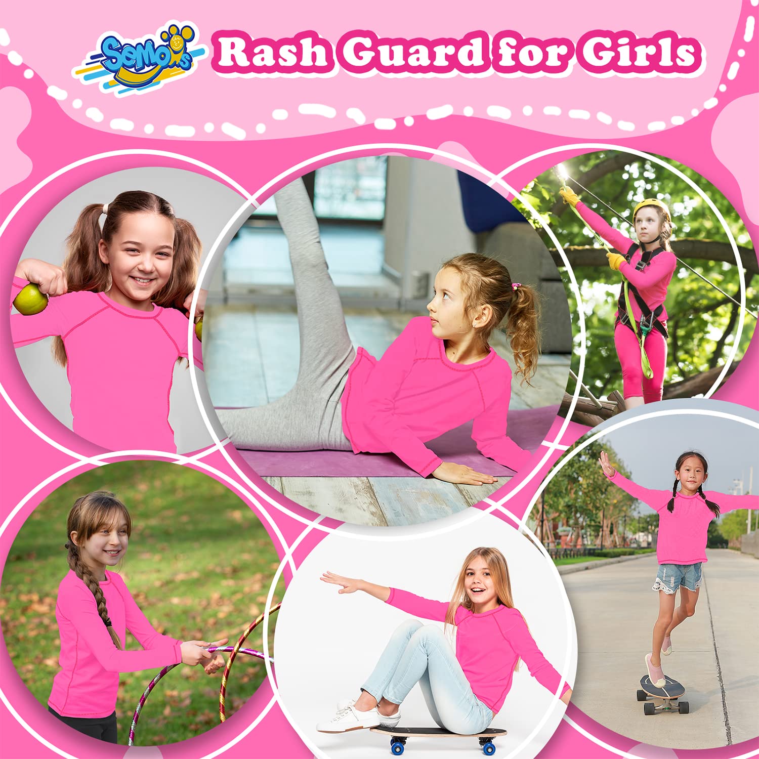 Girls Rash Guard Neon Pink Swim Shirt Long Sleeve for Toddler Kids 7-8Y Rashguard Water Swimwear UPF+ 50 Swimming Shirt