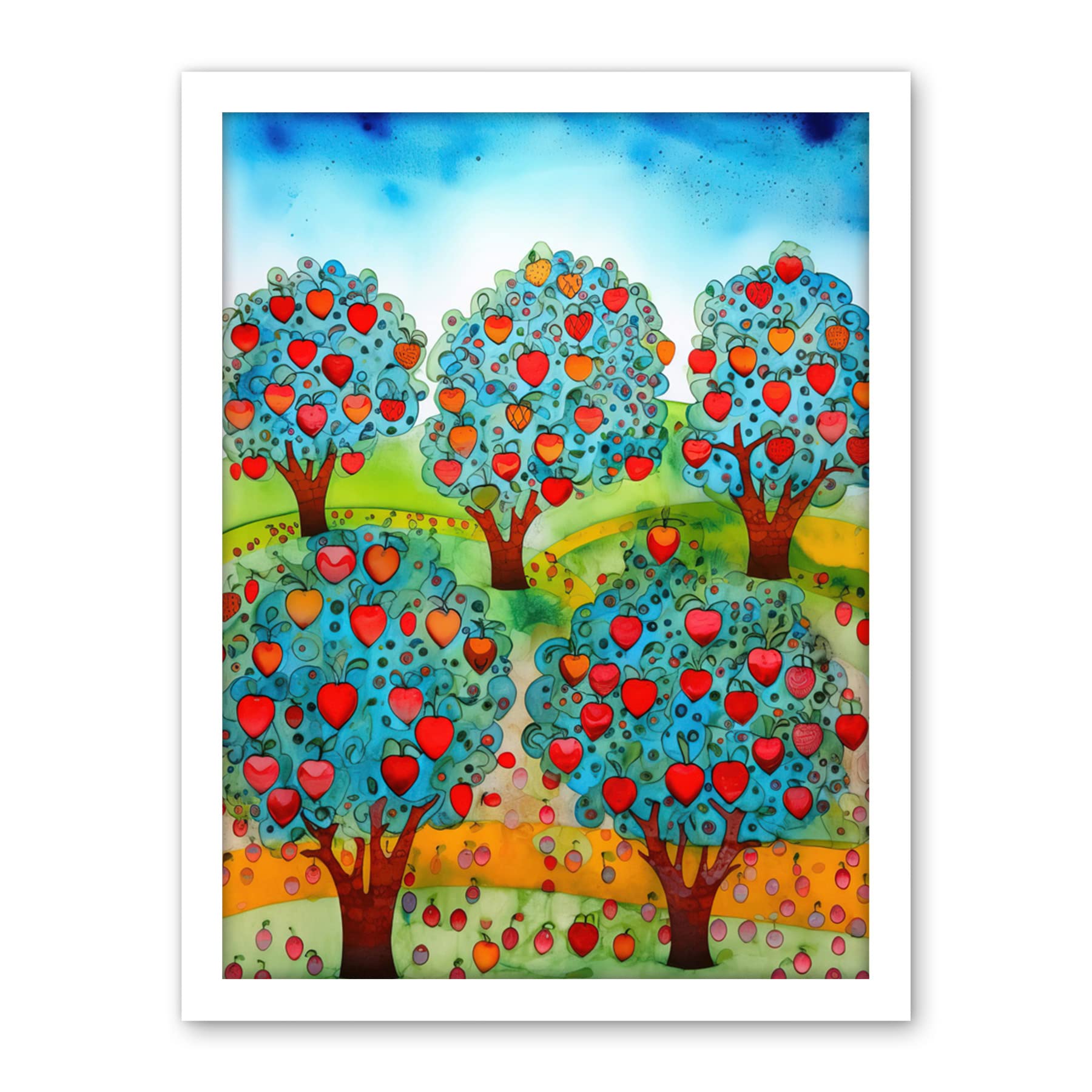 Artery8 Apple Orchard Trees Ready For Harvest Folk Art Landscape Watercolour Painting Artwork Framed Wall Art Print 18X24 Inch