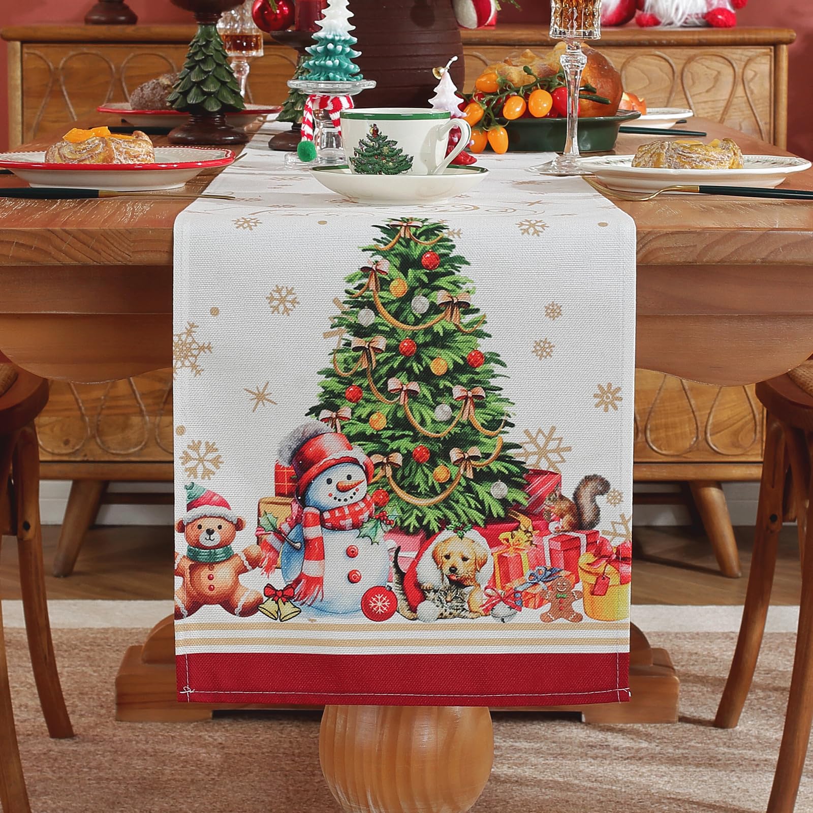 meioro Traves de Mesa Navideños para Decoracion de Hogar, Traves de Mesa en Poliester con Copos de Nieve y Papa Noel, Mantel de Xams Rojo, Decoracion de Mesa en Otoño (Nieve Dorada,30x180 cm)