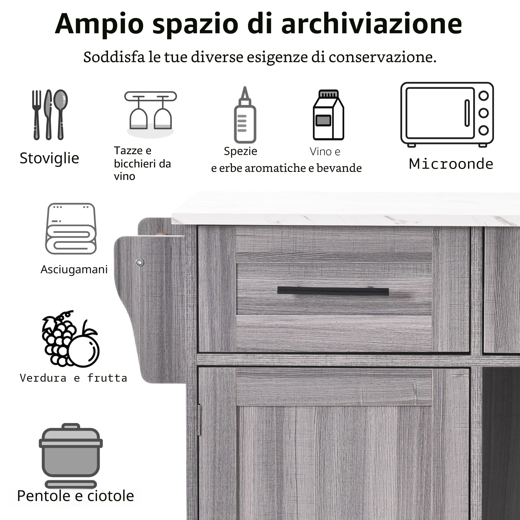 Isola della cucina con piano di lavoro pieghevole, carrello da portata mobile con 3 cassetti/2 armadietti/piedini in legno massello intercambiabili, 129 x 46 (71) x 91,5 cm
