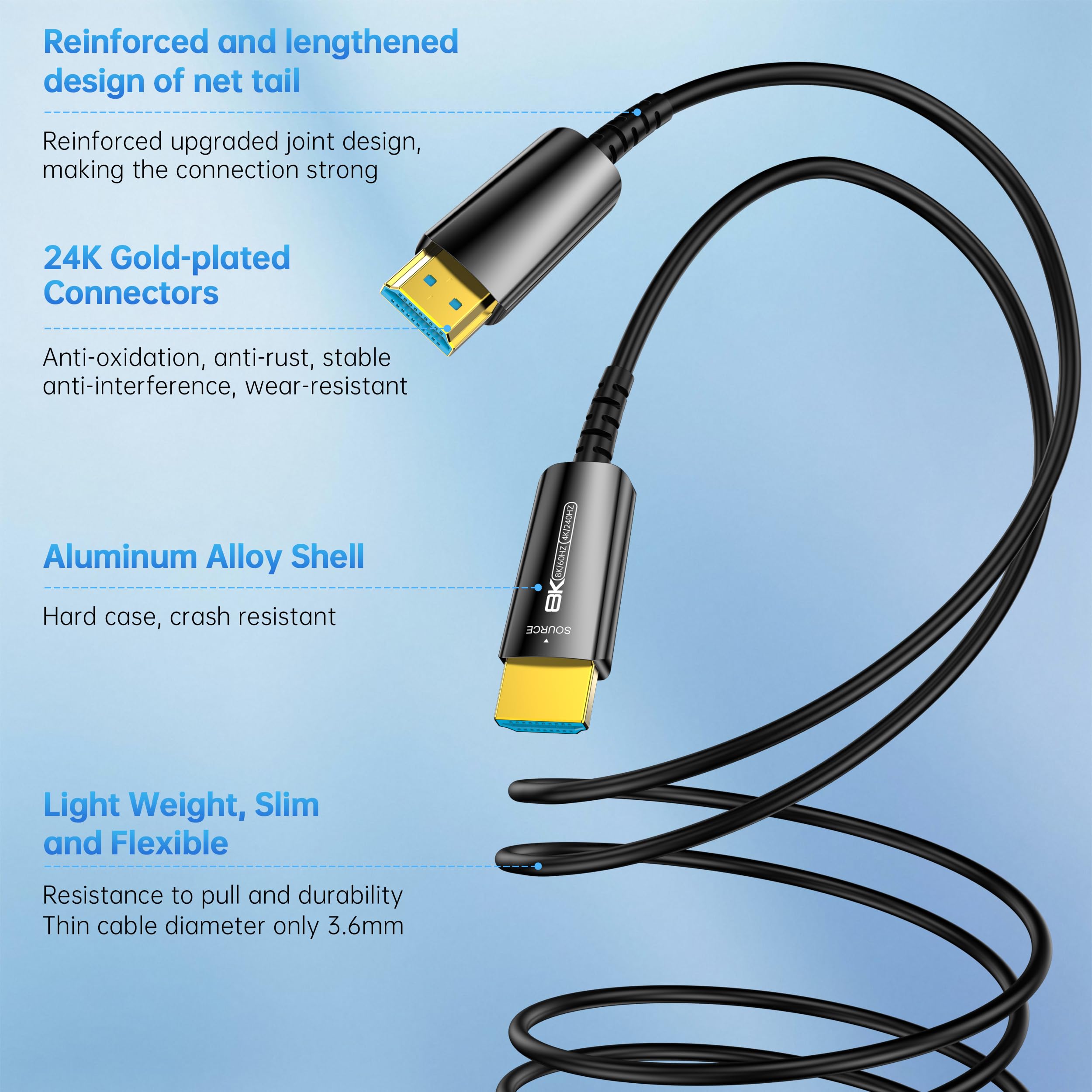 Cavo HDMI in fibra ottica da 18 m, cavo HDMI 2.1 lungo 8K, cavo HDMI sottile 48 Gbps ad altissima velocità, 8K a 60 Hz 4K a 120 Hz, HDR dinamico, eARC, HDCP 2.2 e 2.3, 3D, compatibile con