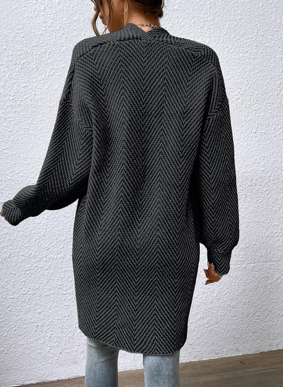 Sidefeel Womens 2025 Fall Outfits Long Sleeve Open Front Striped Cardigan Sweaters Chevron Chunky Knit Sweaters Coat - Image 2