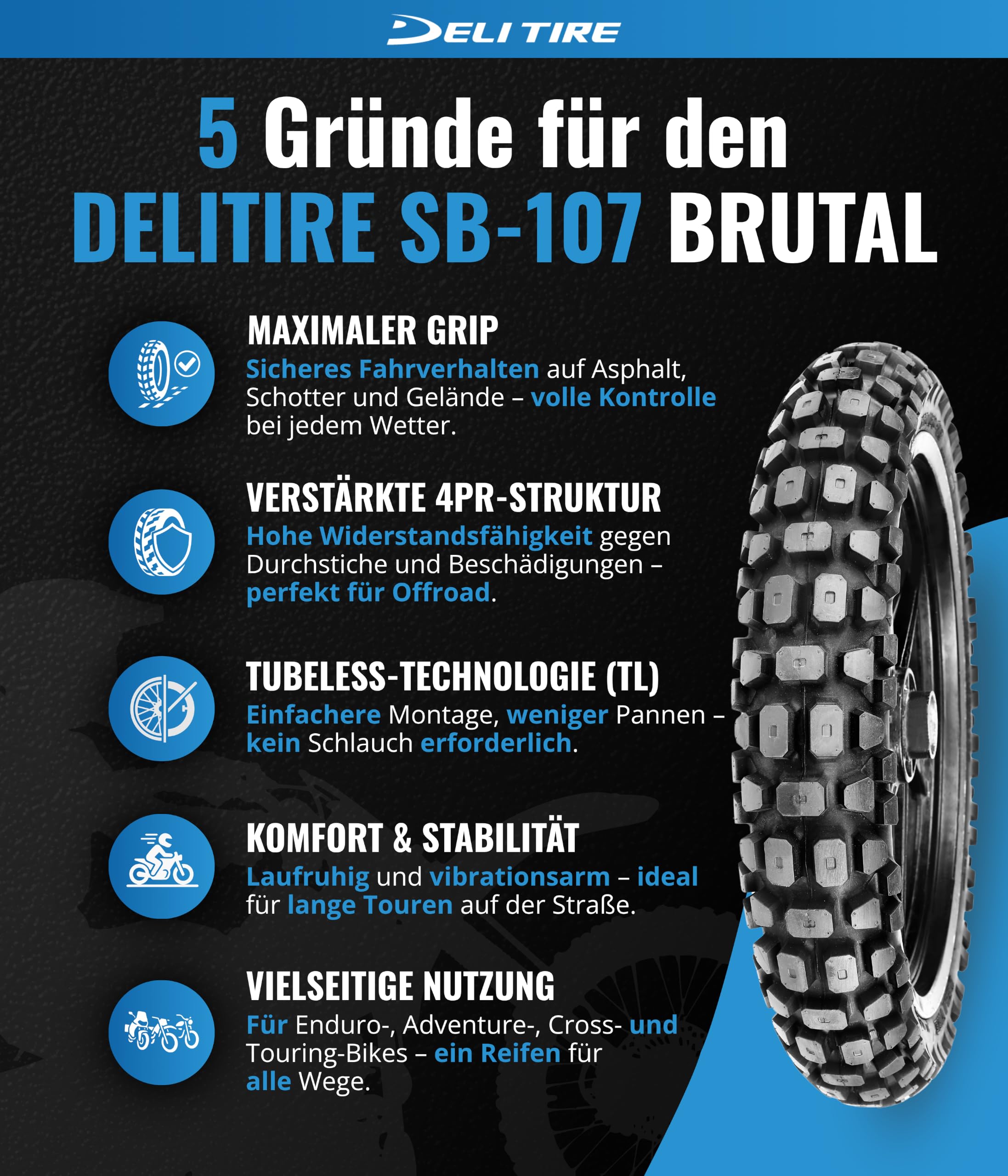 DELI TIRE Schlauchlos Motorradreifen 100/80-17 Vorne/Hinten - Ganzjahresreifen 52R für Cross Enduro und Tourenmotorrad SB-107 BRUTAL - Allwetterreifen TL für Spikes - Winterreifen für Touren
