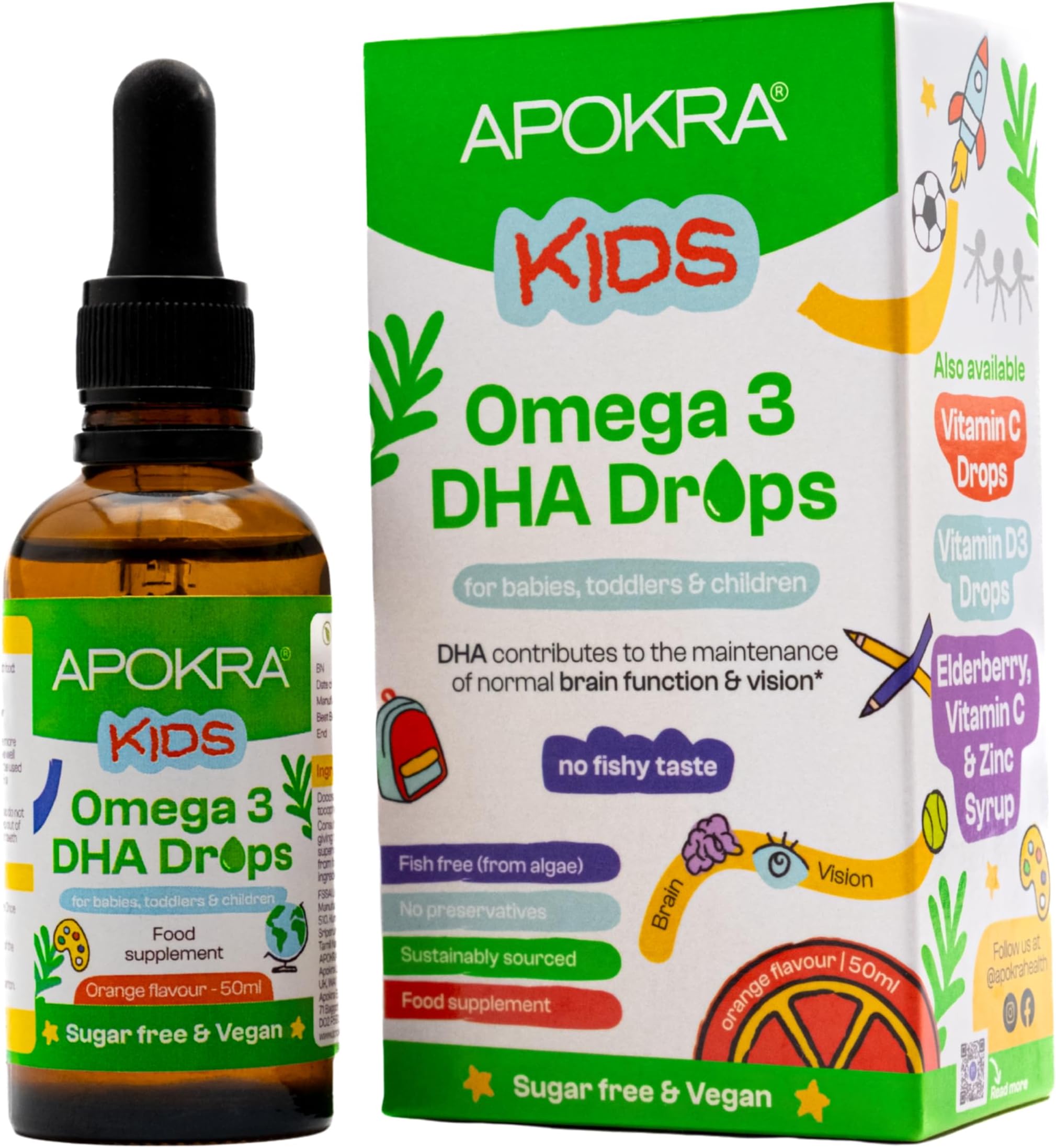 APOKRA Kids Omega 3 Vegan DHA Drops | Algae Oil Sustainable Source | No Fishy Taste | Preservative Free and Sugar Free | Algal Alternative to Fish Oil Supplements | Natural Orange Flavour | 50mL