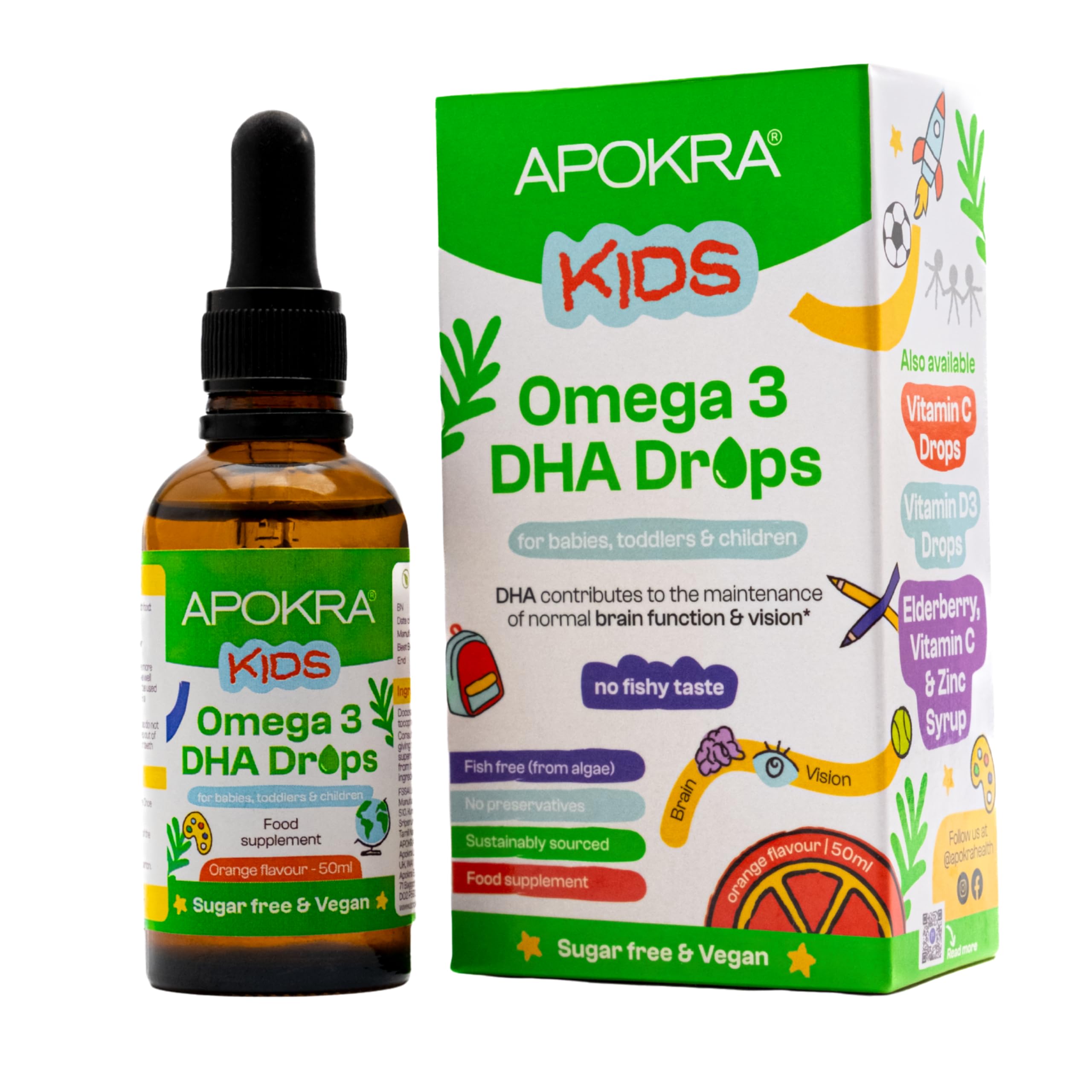 Omega 3 Vegan DHA Drops for Kids - 50mL - No Fishy Taste - Preservative Free and Sugar Free. Sustainable Algal Alternative to Fish Oil | APOKRA Kids