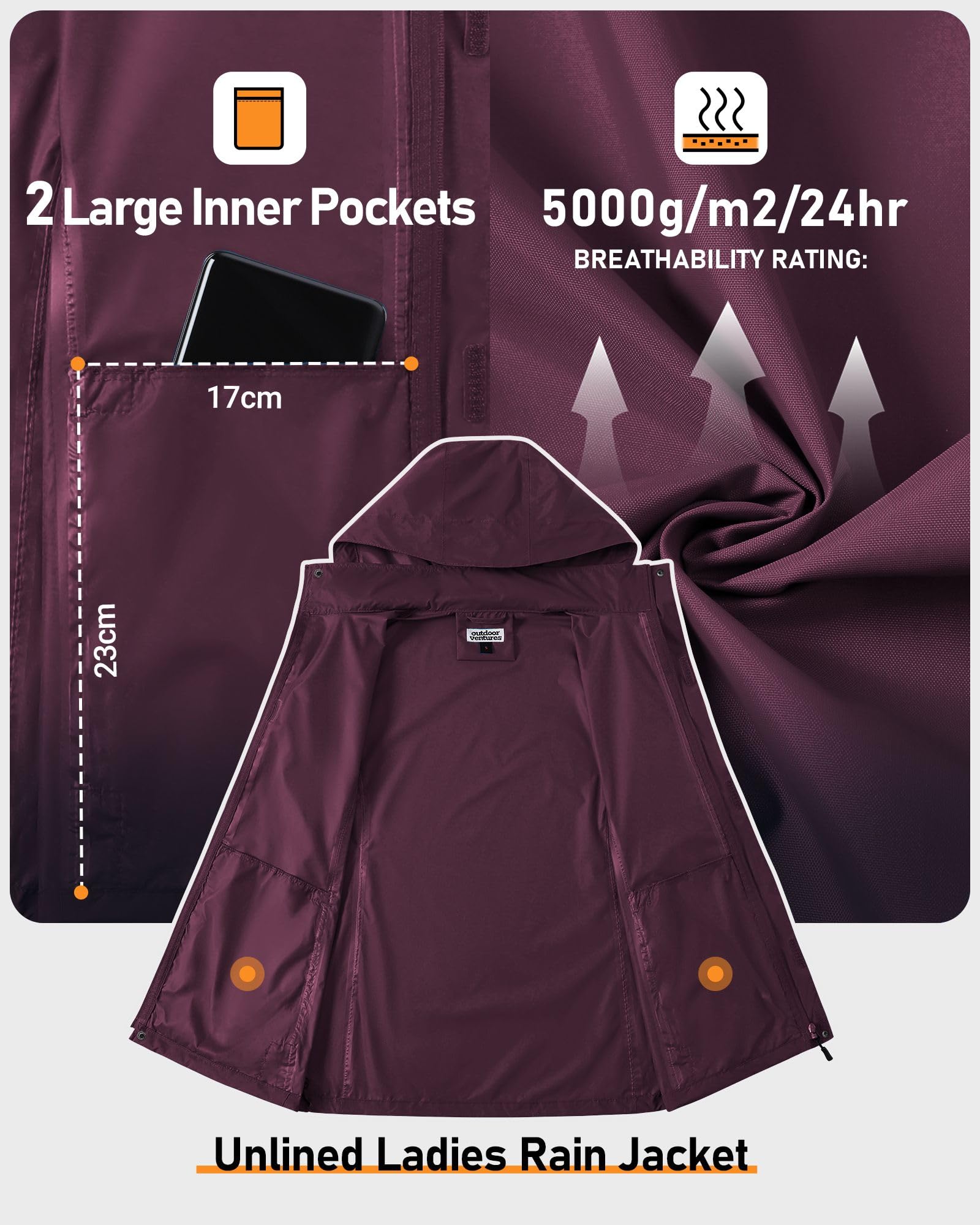 Outdoor Ventures Chubasquero para mujer, resistente al agua, cortavientos, chaqueta ligera de entretiempo con capucha, chaqueta de ciclismo y exterior