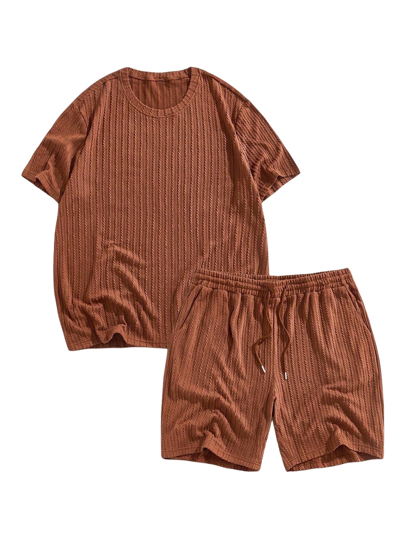 avix Men's Textured Cord Short Sleeve T-Shirt and Shorts Set, Brown, 2 Piece Casual Loungewear, Medium Stretch Cotton Blend (CHIKU, L)-picture-32