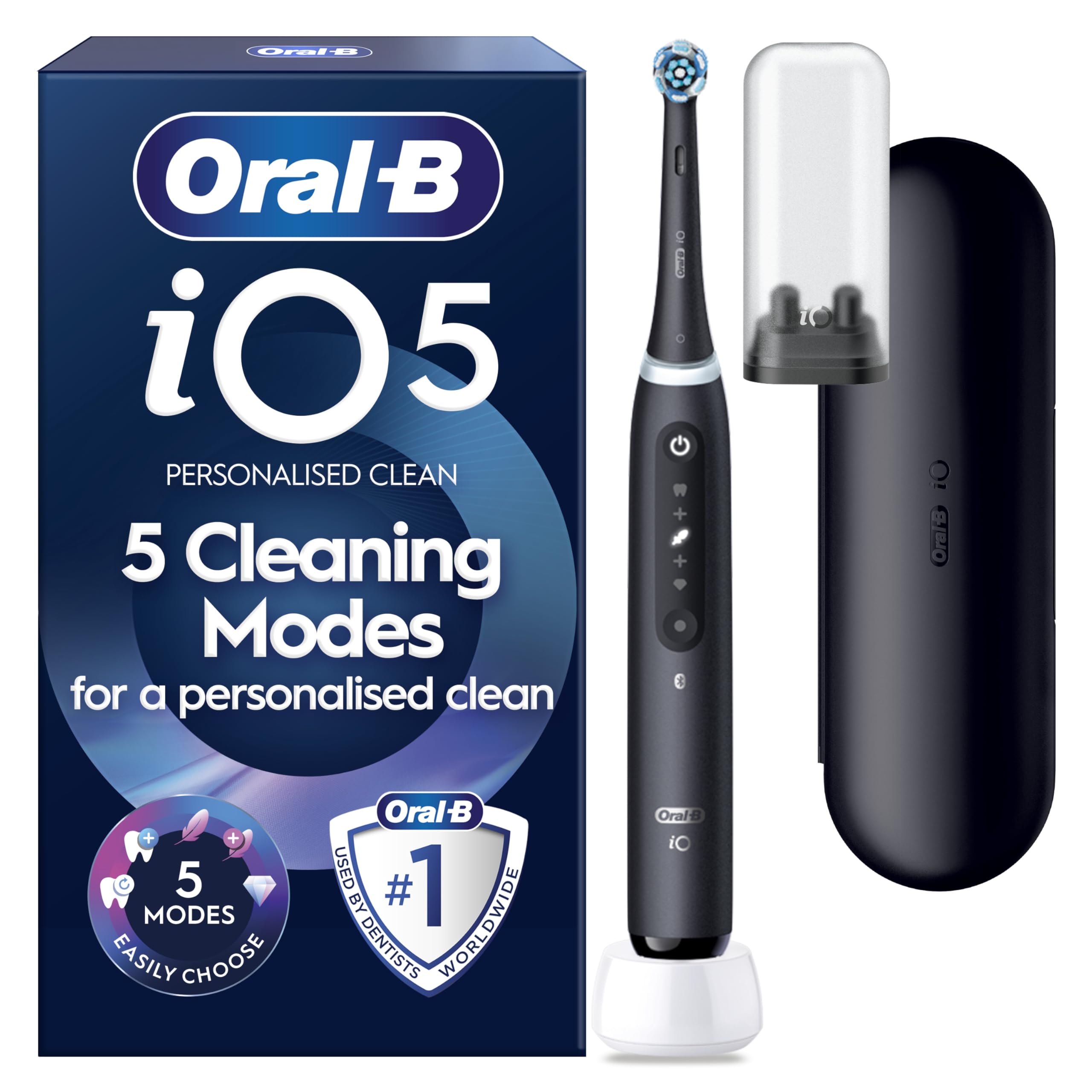iO5 Electric Toothbrush for Adults, Black, 5 Cleaning Modes with Teeth Whitening, Includes Travel Case, Long-Lasting Battery for Home and Travel, 2 Pin Plug