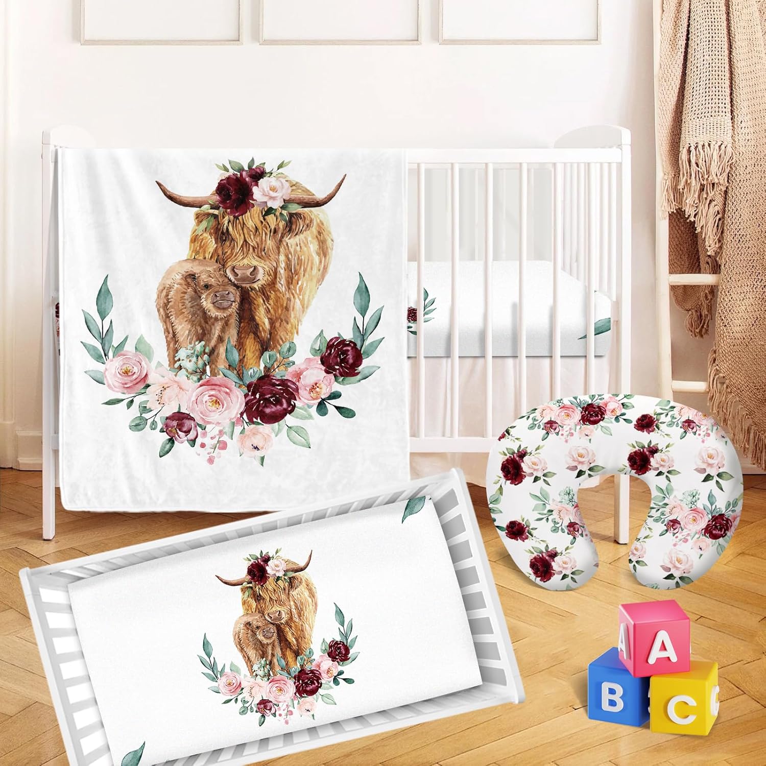 KAINSY Floral Highland Cow Crib Bedding Set, 3 Pcs Toddler