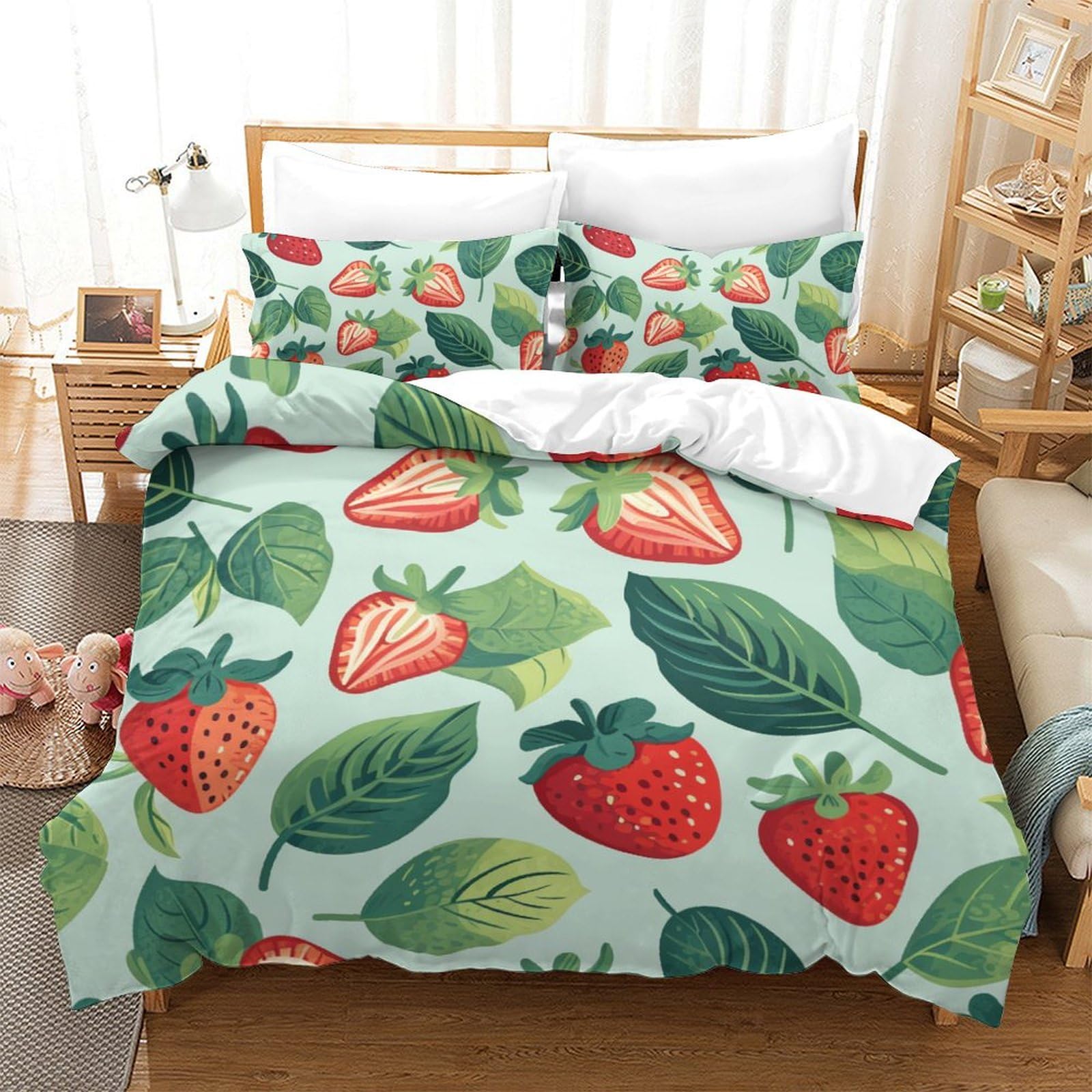 Housse de couette fraises 3D 220x240 cm avec 2 taies d'oreiller en microfibre pour lit King