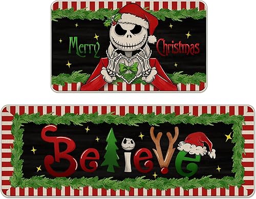 Tailus Juego de 2 alfombras de cocina con texto en inglés Merry Christmas Believe, Christmas Jack Skellington para decoración del hogar, 17 x 29 y Tailus Juego de 2 alfombras de cocina con texto en inglés Merry Christmas Believe, Christmas Jack Skellington para decoración del hogar, 17 x 29 y