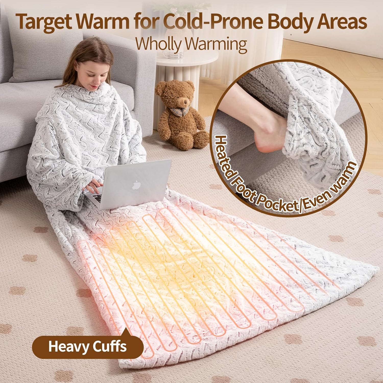 Bearhug Wearable Heated Blanket with Foot Pockets & Sleeves 50" x 70"+18" - Faux Fur & Sherpa, Heated Snuggle Blanket for Bed & Sofa, 6 Heating Levels, 4H Auto-Off, ETL Certified, Machine Washable - Image 3