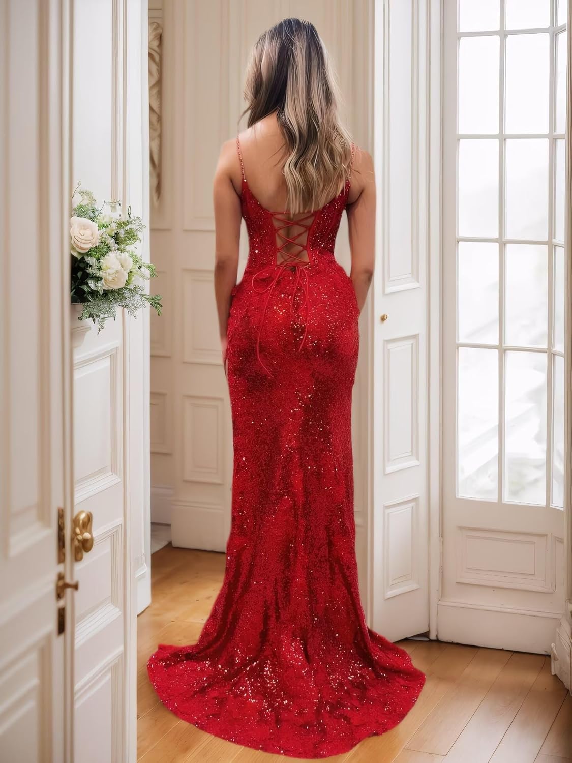 Monvelli Appliques Sparkly Sequin Prom Dress Long Ball Gown 2026 Mermaid V Neck Formal Evening Dress with Slit