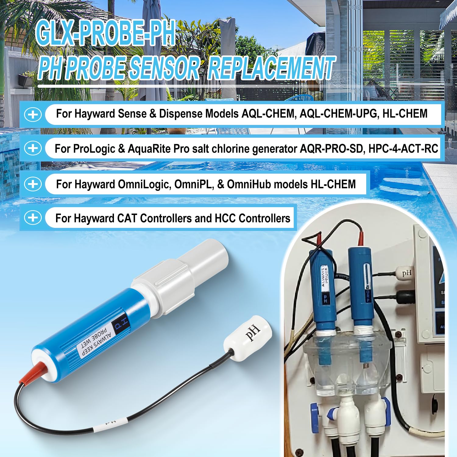 GLX-PROBE-PH Sonde PH de rechange avec couvercle pour Hayward Sense and Dispense HL-CHEM AQL-CHEM, pour contrôleurs CAT et HCC, pour générateur de chlore salé Hayward AQR-PRO-SD, HPC-4-ACT-RC