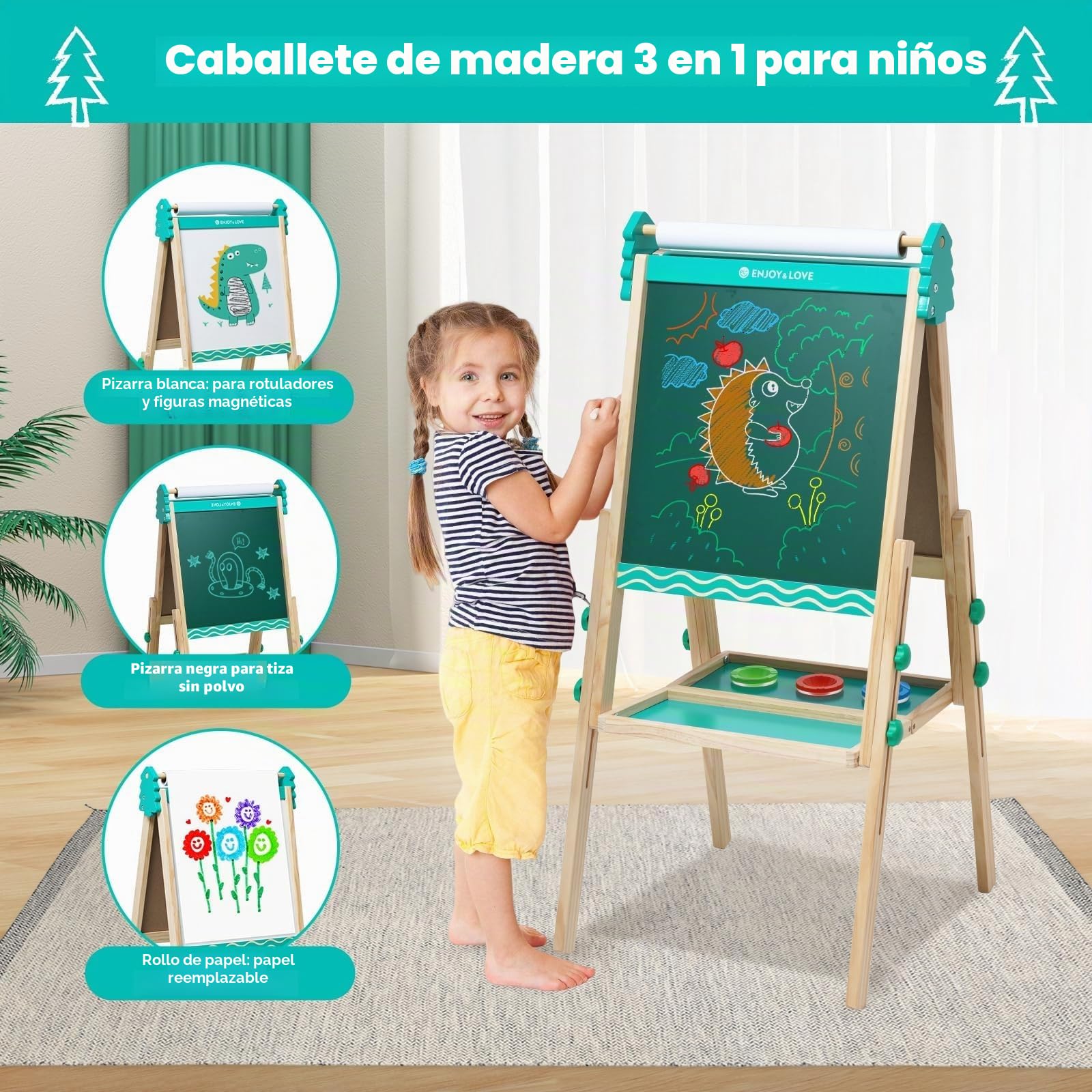 Pizarra Infantil Caballete para Niños Diseño de lazo Pizarra Blanca y Altura Ajustable Tablero de Dibujo de Doble Cara para Niños (Azul)