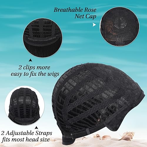 Miniatura 4 de Kalyss Bob - Peluca de cabello corto para mujeres negras, resistente al calor, peluca de cabello sintético para mujer con flequillo (negro con tiras