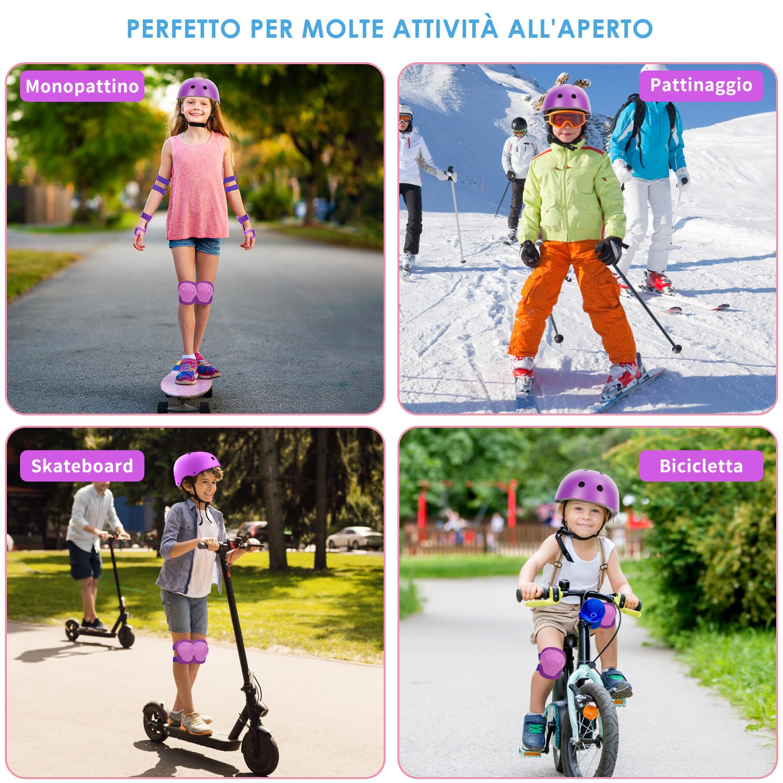 ZWOOS Protezioni Skateboard Bambino,Protezioni Bici Bambino con Casco Regolabile Ginocchiere Gomitiere, Protezioni Skateboard Bambini per Skateboard,Bicicletta,Pattinaggio, Monopattino (viola)