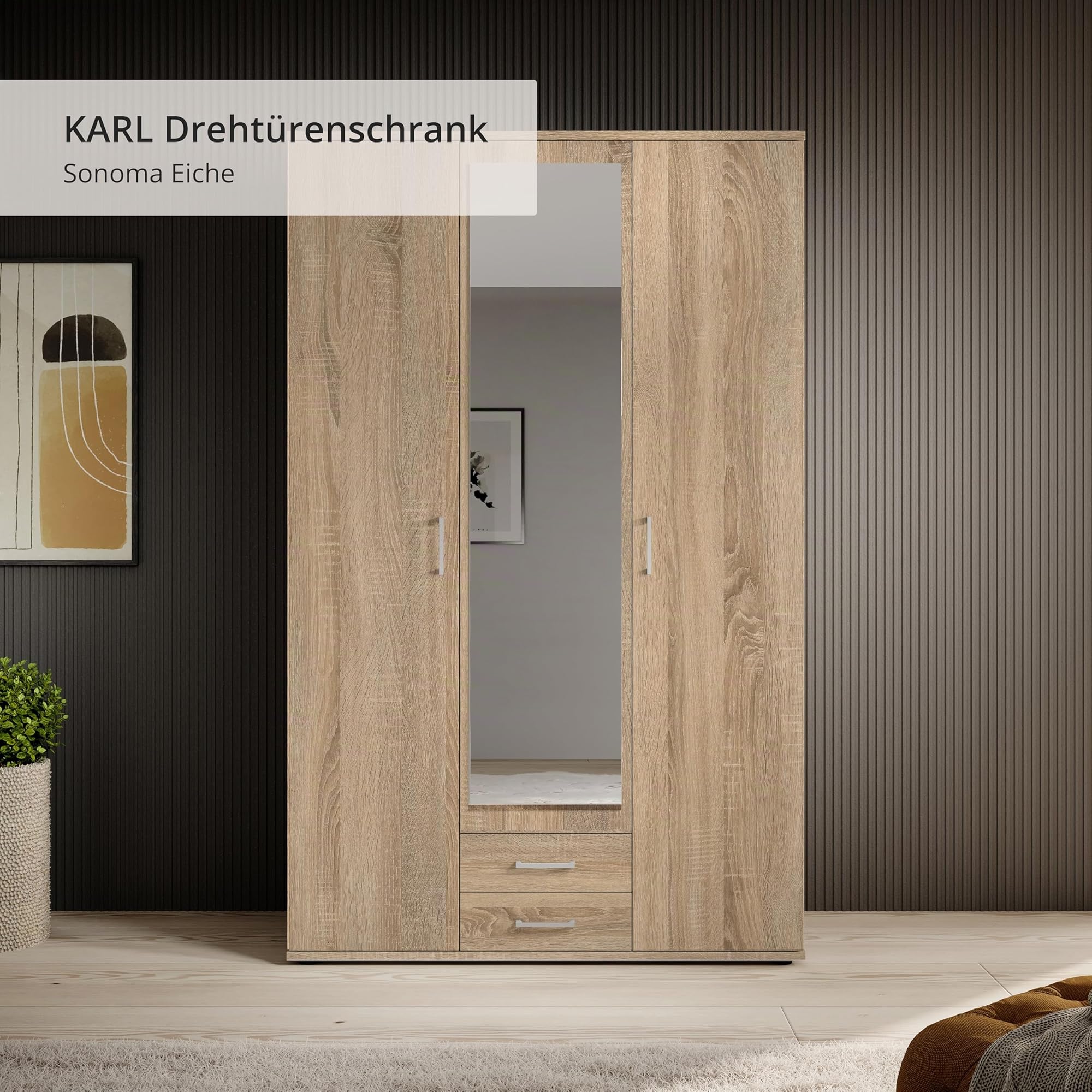 KARL, Elegante armadio a 3 ante molto capiente, versatile in effetto rovere Sonoma con anta a specchio, 120 x 195 x 55 cm