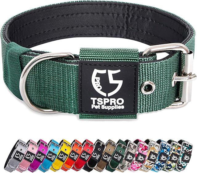 TSPRO Taktyczna obroża dla psa o szerokości 3,8 cm, wojskowa, mocna obroża dla psa, gruba obroża dla psa, wytrzymała metalowa klamra, zielona, rozmiar M
