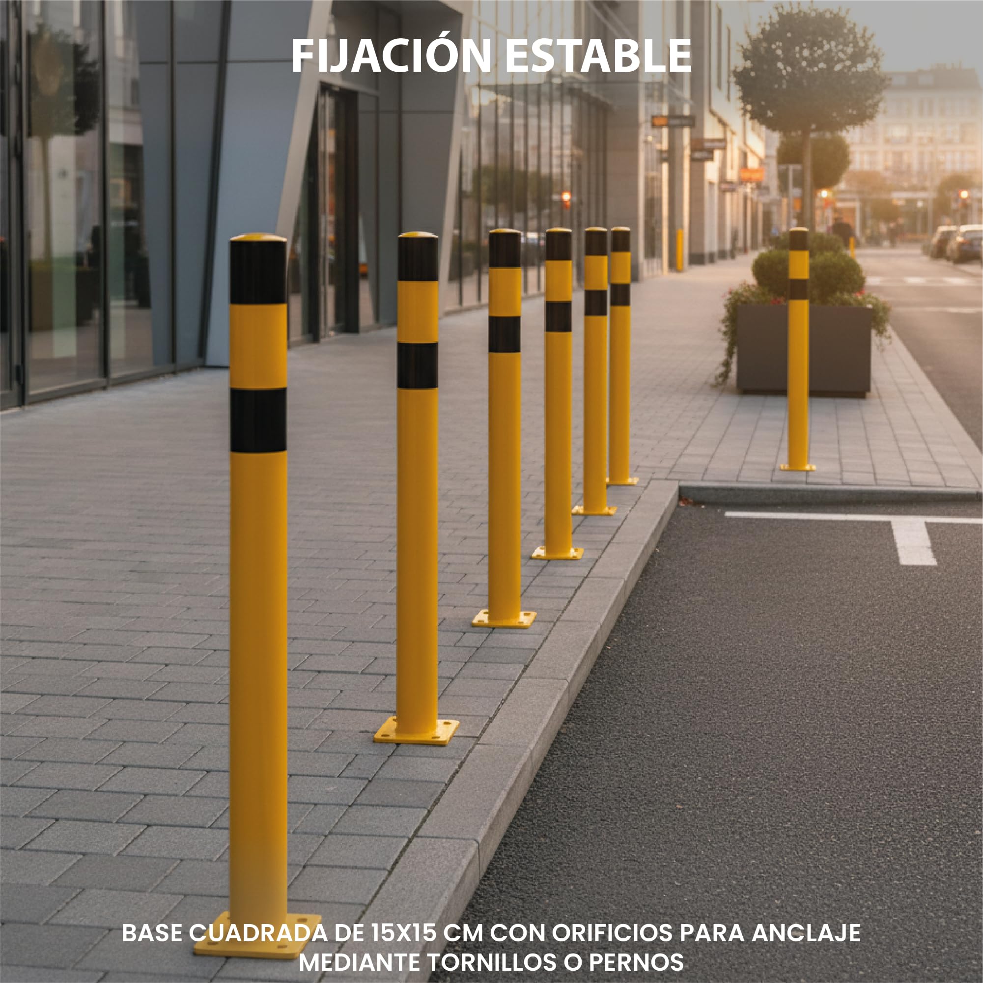 Bolardo Metálico Amarillo con Bandas Negras – Poste de Protección para Parkings, Almacenes y Zonas Industriales – Tope de Seguridad para Vehículos, Áreas de Carga y Control de Accesos (1)