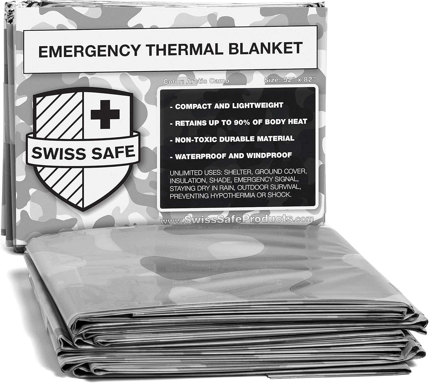 Swiss Safe emergency blankets in winter camouflage pattern with NASA-grade thermal technology