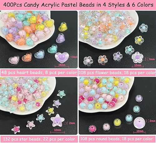 Miniatura 2 de 400 cuentas de pelo de flores de Hart Kawaii de colores macarrones, acrílico, pastel, hilo elástico, rondelle de cristal, estrella estética surtida