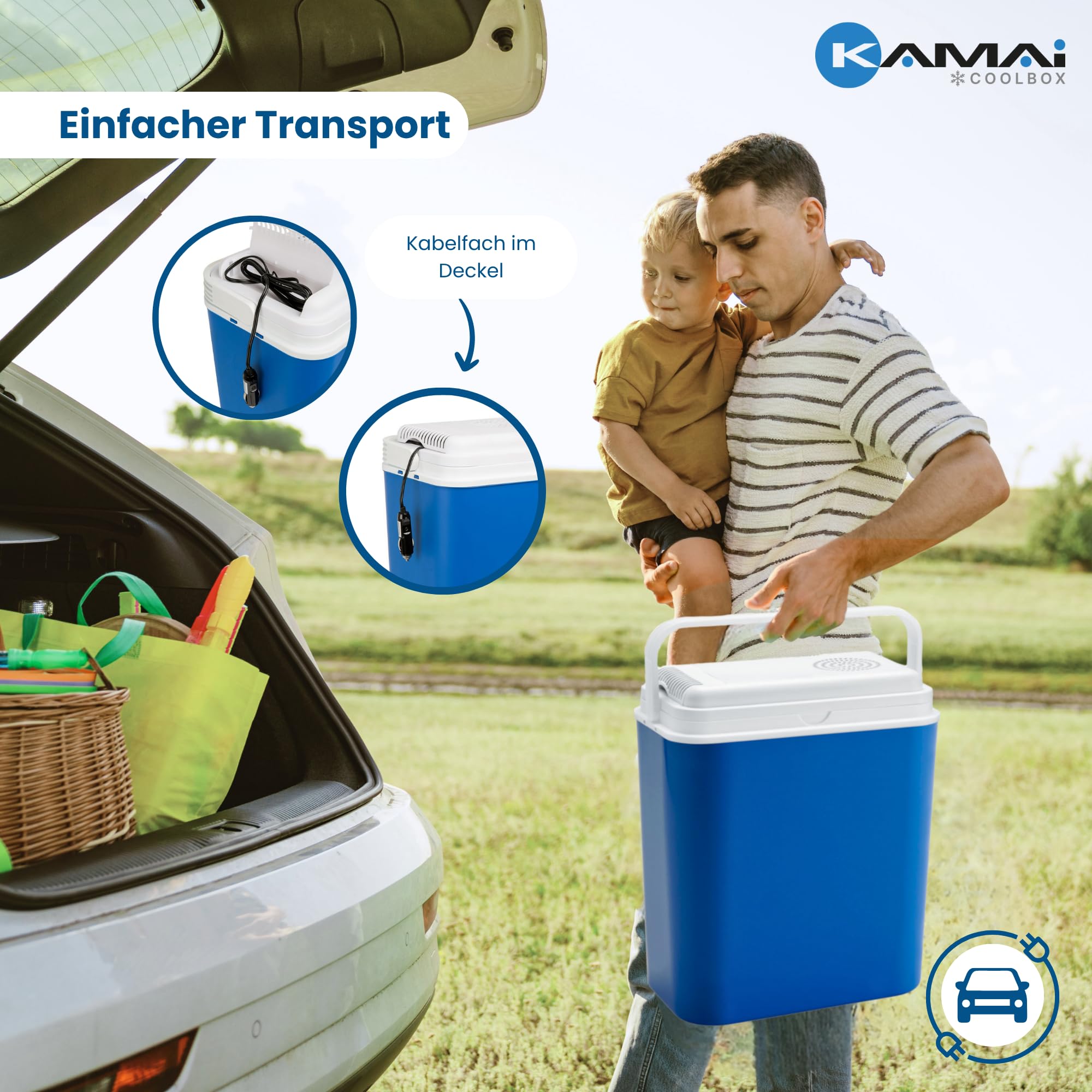 Elektrische Kühlbox 18L - Auto Kühlschrank, Thermobox 12V, kompakte Kühlbox für Camping, Ausflüge, Picknick und Strand, tragbare Kühltasche – Kamai Coolbox