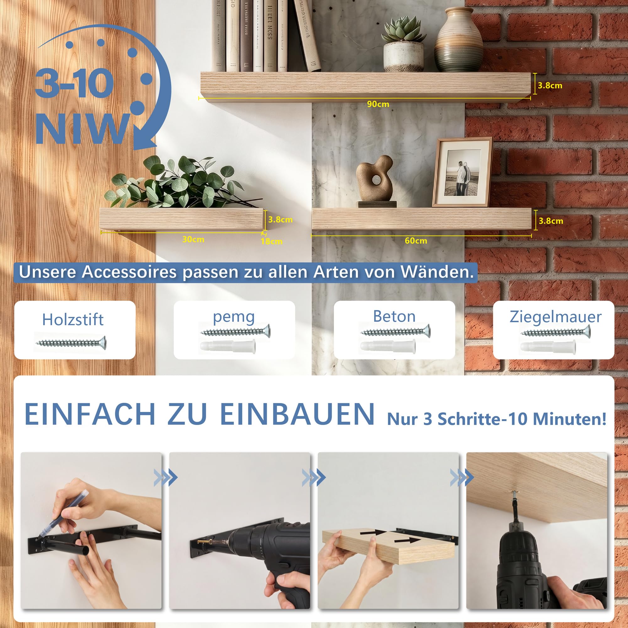 Wandregal Eiche 90 cm, 2er Set Schweberegal mit unsichtbarer Halterung, modernes Wandboard für Bücher, Bilder & Deko, Hängeregal für Wohnzimmer Küche Bad Kinderzimmer