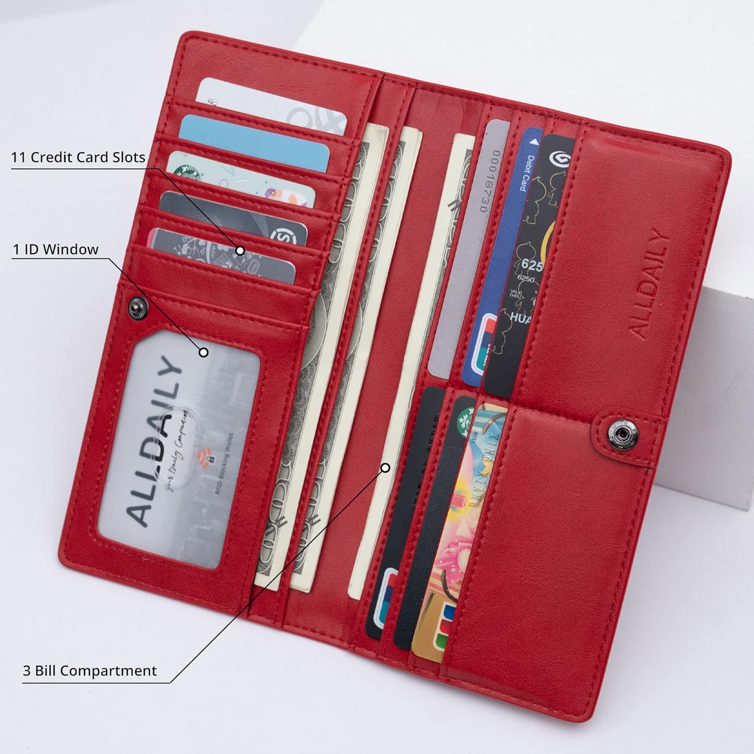 Alldaily Ultra Slim Thin Women Wallet RFID Blocking Credit Card Holder Bifold Long Ladies Billfold (Red) - Image 4
