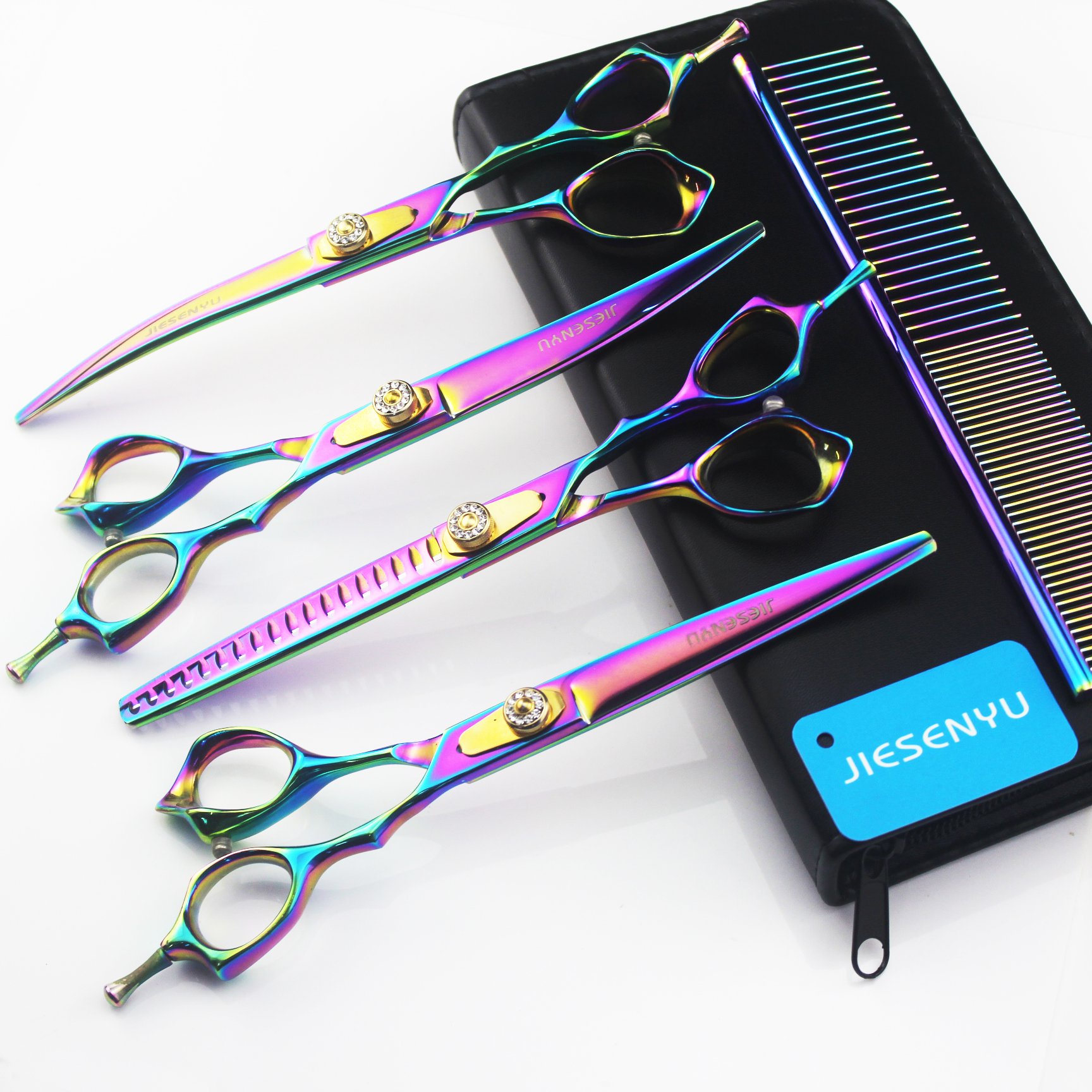JIESENYU Pro Fellschere für Hunde, 7 Zoll, scharfe Kanten, zum Schneiden + 2 gebogene + Effilierschere, 4-teiliges Set für Hundepflege