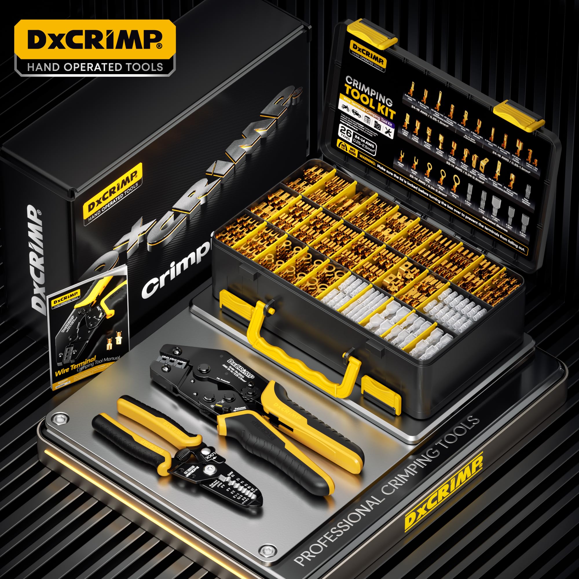 DxCRIMP Kit de Crimpadora para Terminales Eléctricos con 21 Tipos de 0,25–2,5 mm² (AWG 24–14), Kit Profesional de Crimpado y Pelacables, Herramienta Precisa para Electricistas, Bricolaje y Hobby