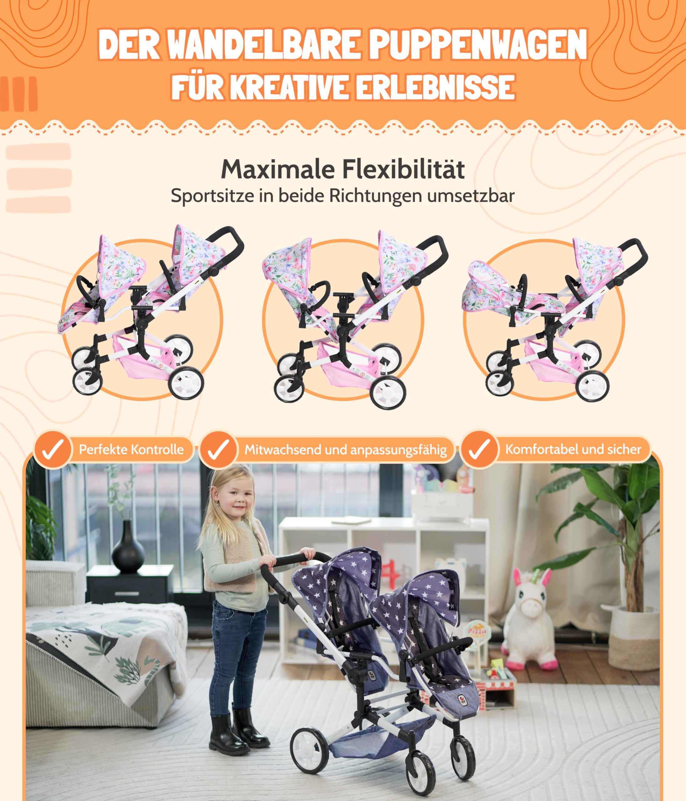 Bayer Chic 2000® Wózek dla lalek Linus Duo – Flowers Rosa – składany wózek dla lalek bliźniaczek – regulowany uchwyt 50-82 cm – lalki do 50 cm – 4-8 J.