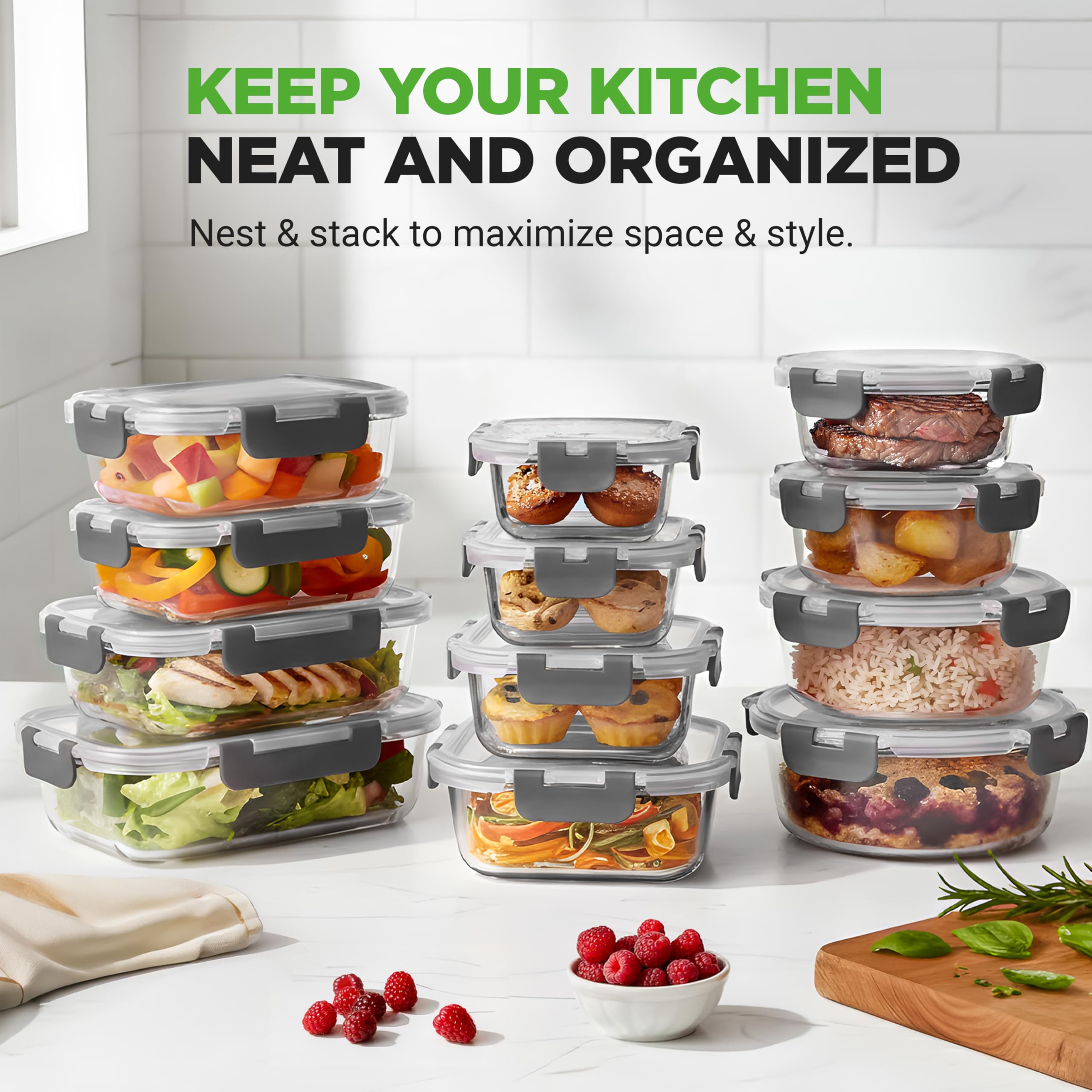 NutriChef Zestaw 24 Słoików Ze Szkła | 12 Apilowanych Słoików Do Meal Prep Ze Szkła Z 12 Hermetycznymi Pokrywkami | Pudełka Do Przechowywania Z Pokrywką, Słoiki Do Przechowywania