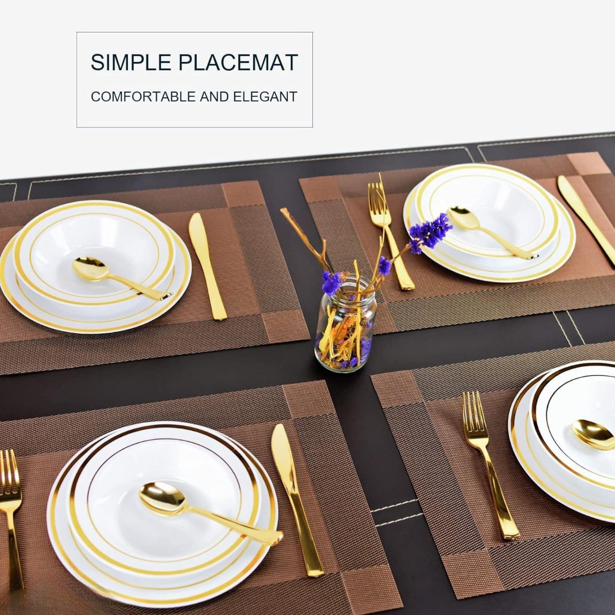 Ramkuwar Home Restaurant Use Heat Resistant Woven Decorative PVC Placemats Set of 6 Non-Slip Washable Vinyl Dining Table Mats for Kitchen, Coffee Table and Dining Room (Brown) 4