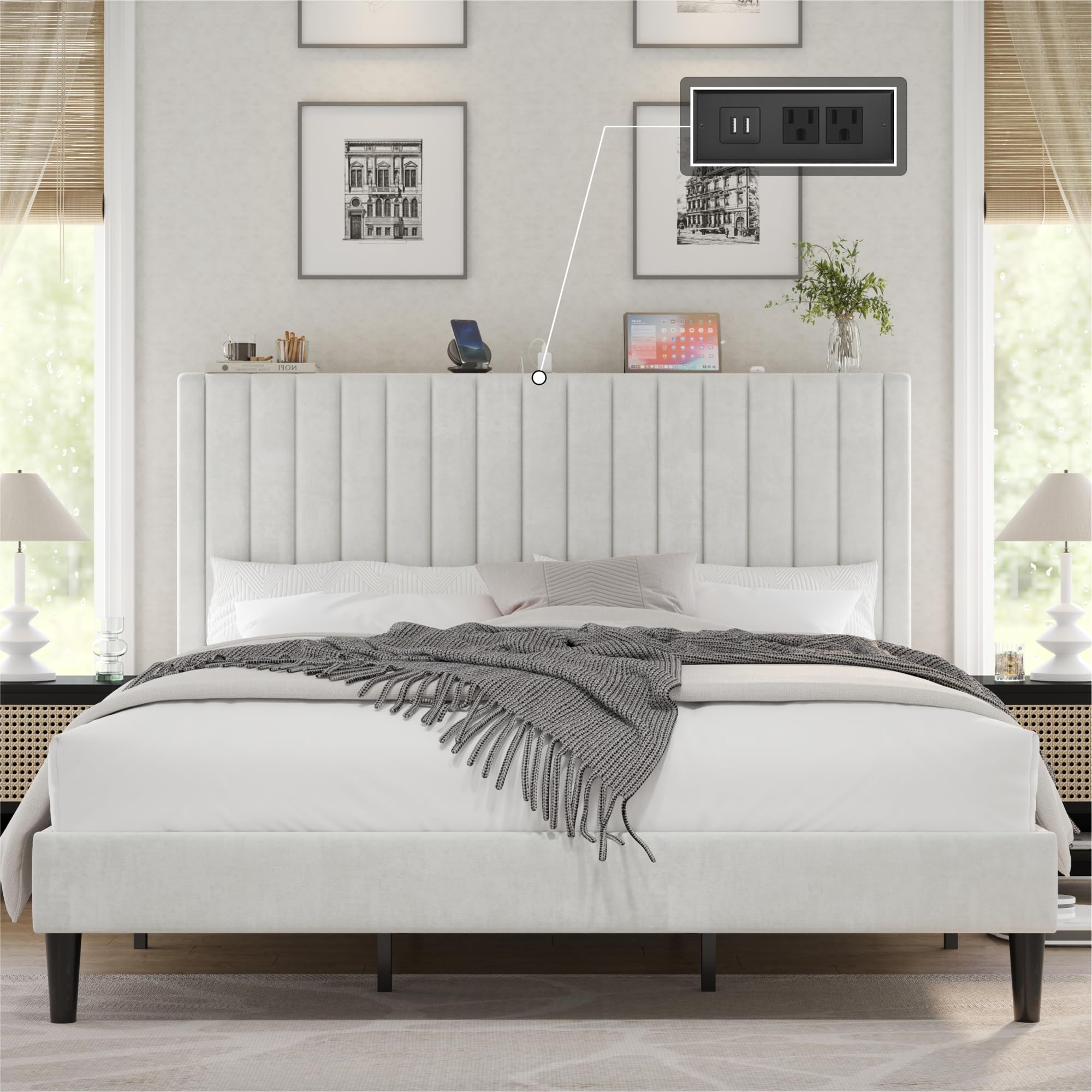 VanAcc King Size Bed Frame Velvet Upholstered Platform Bed with Channel Tufted Headboard Mattress Foundation with Wood Slats