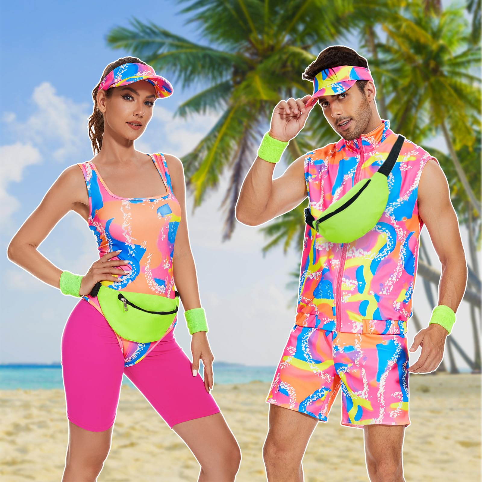 Disfraz de 7 piezas de los años 80 y 90 para mujer, disfraz de hip hop con camiseta de neón, pantalones cortos, sombrero, radio, para fiesta temática y cosplay