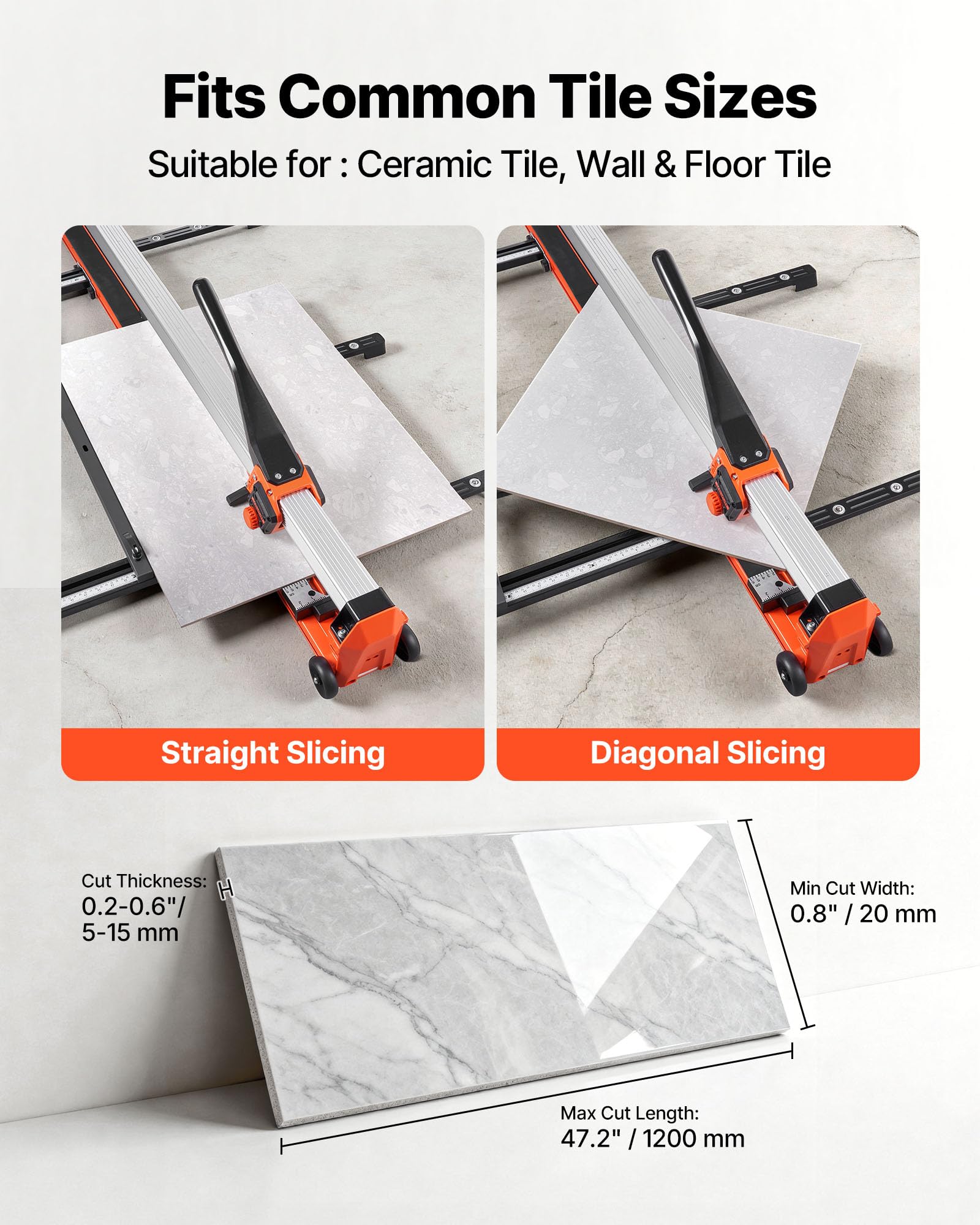 VEVOR Cortadora de Azulejos Manual 1200 mm, Capacidad de 50 kg, Corte Recto y Diagonal con Guía de Alineación, Riel de Aluminio, 2 Ruedas de Corte 8 y 22 mm para Baldosas Obras Pared Suelo Cerámica