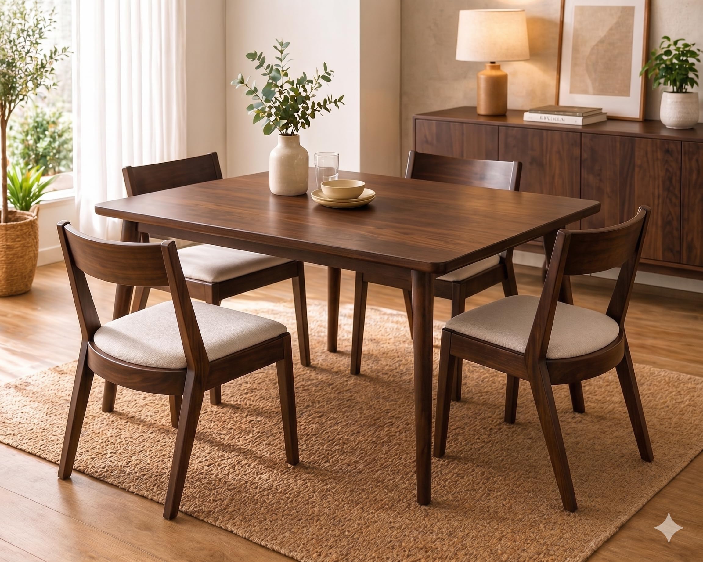4 Seater Wooden Dining Table Set with Cushioned Chairs | Modern Compact Space Saving Dining Set for Home Walnut Finish-image-9